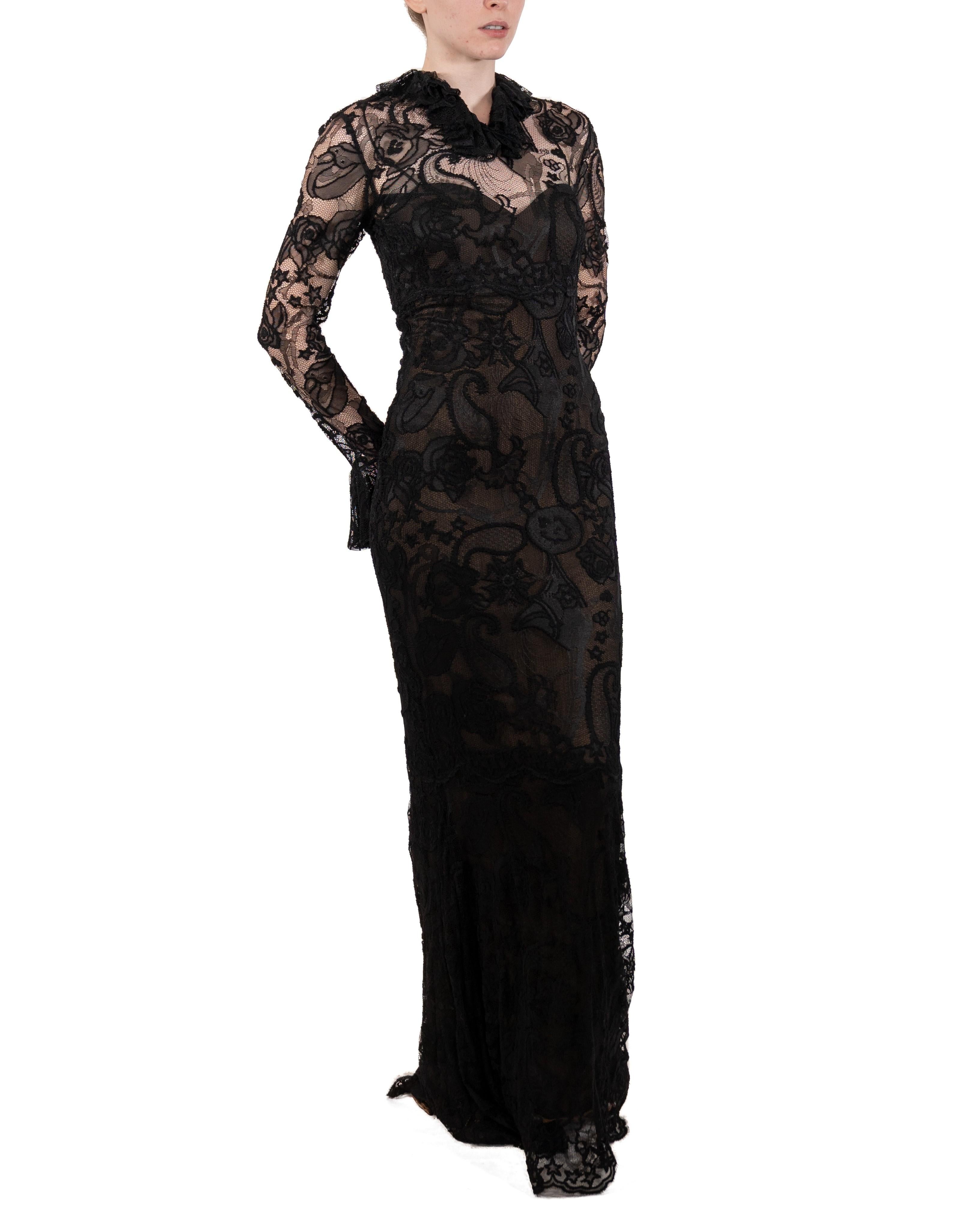 1990S Black Rayon & Nylon Lace Long Sleeved Gothic Gown Lined In Silk In Good Condition For Sale In New York, NY