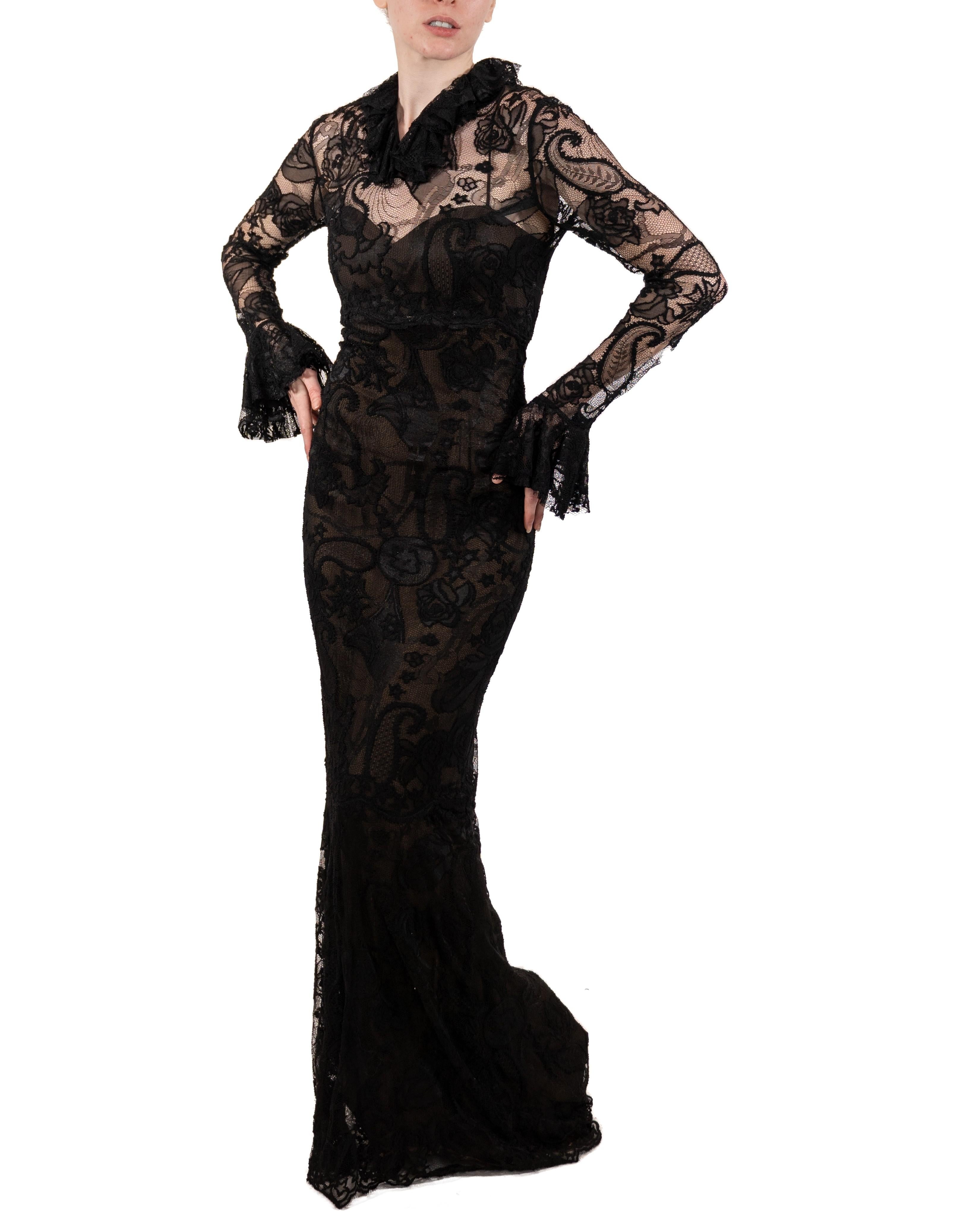 Women's 1990S Black Rayon & Nylon Lace Long Sleeved Gothic Gown Lined In Silk For Sale