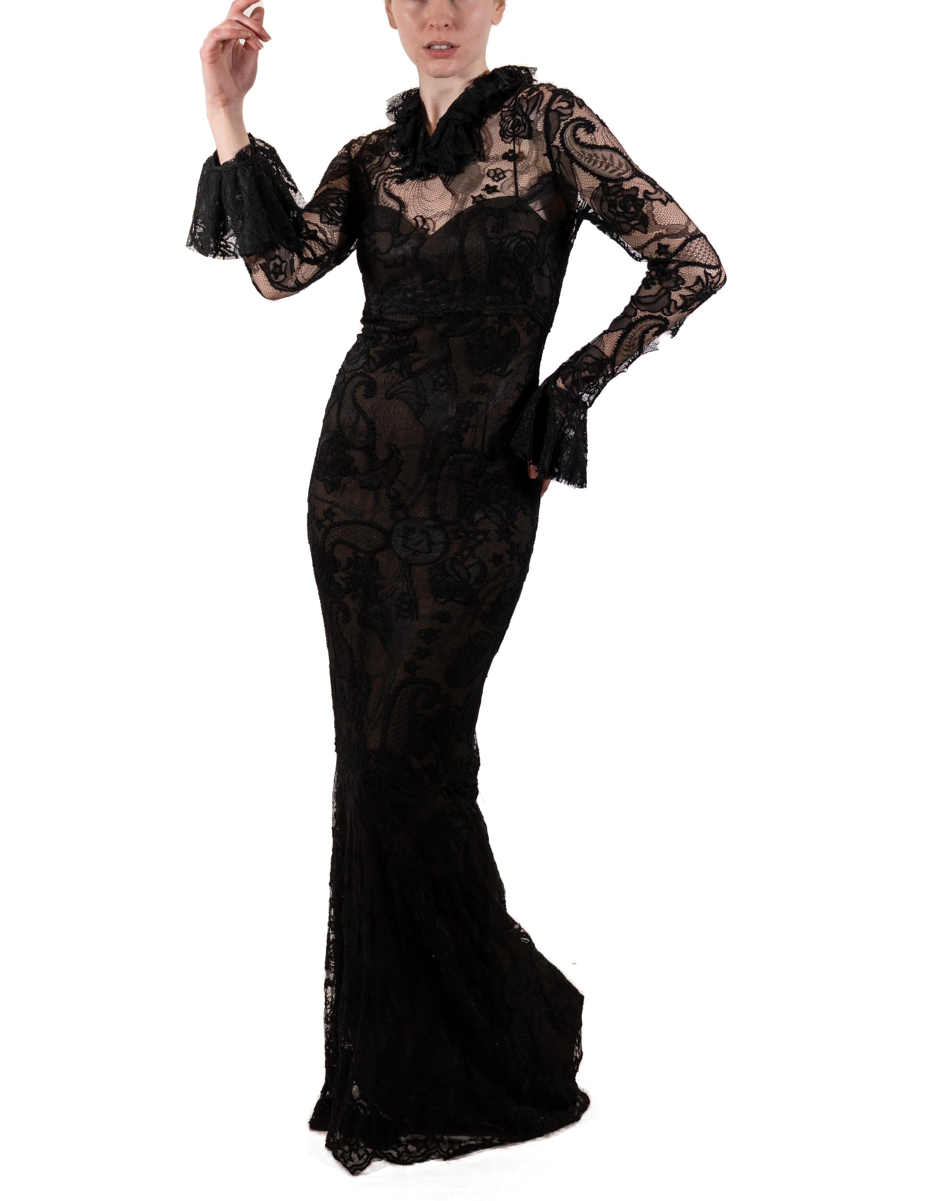 1990S Black Rayon & Nylon Lace Long Sleeved Gothic Gown Lined In Silk For Sale 1