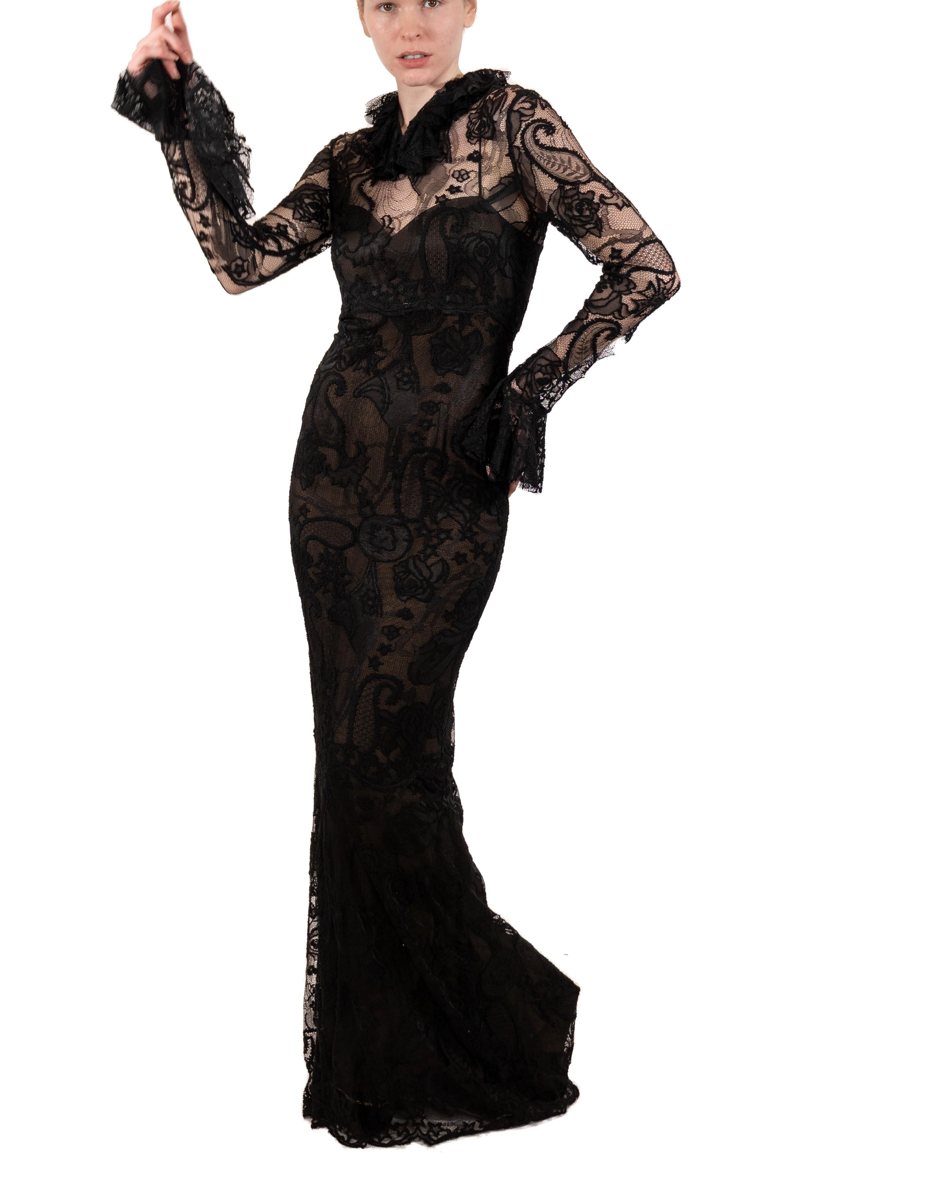1990S Black Rayon & Nylon Lace Long Sleeved Gothic Gown Lined In Silk For Sale 2
