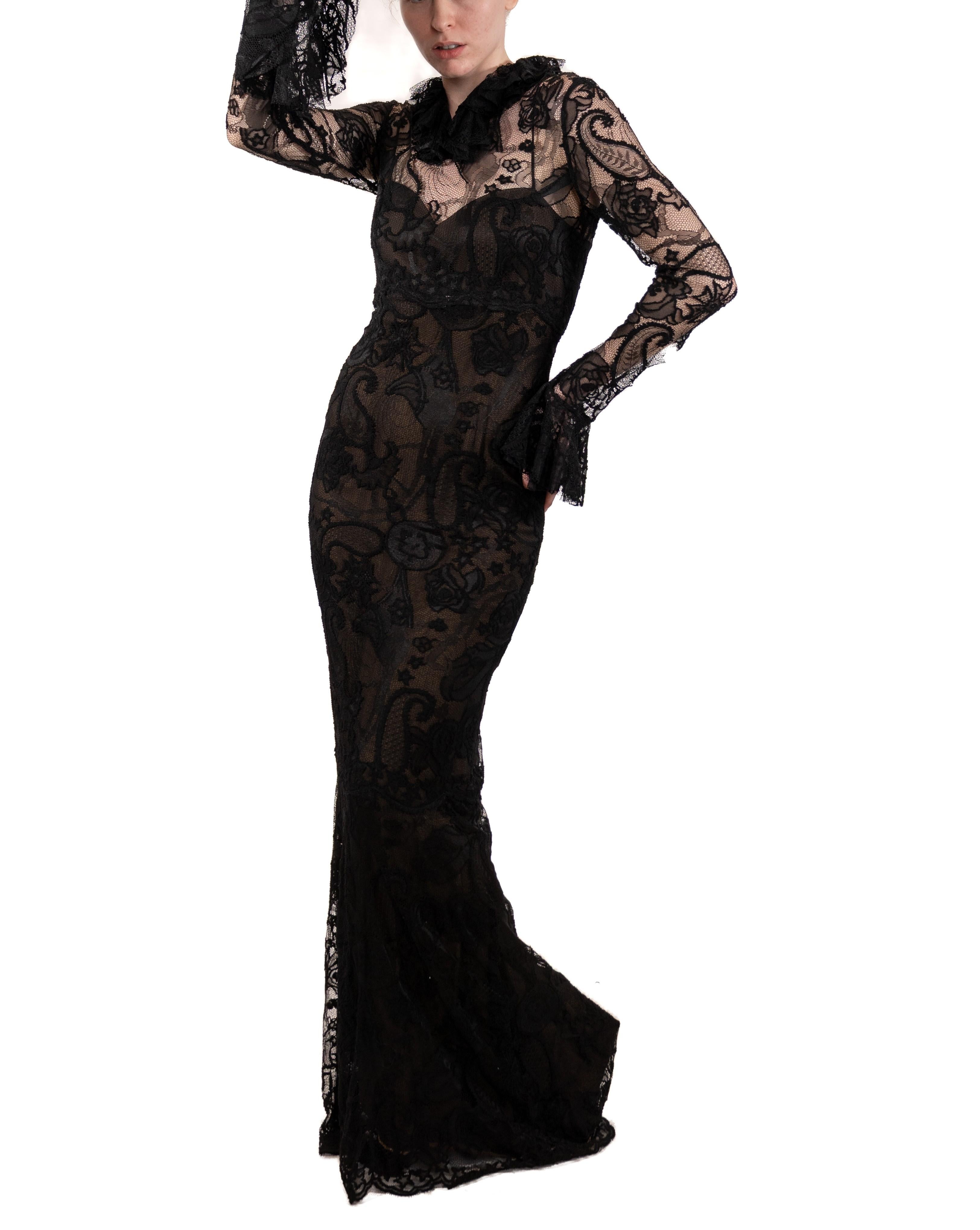 1990S Black Rayon & Nylon Lace Long Sleeved Gothic Gown Lined In Silk For Sale 3