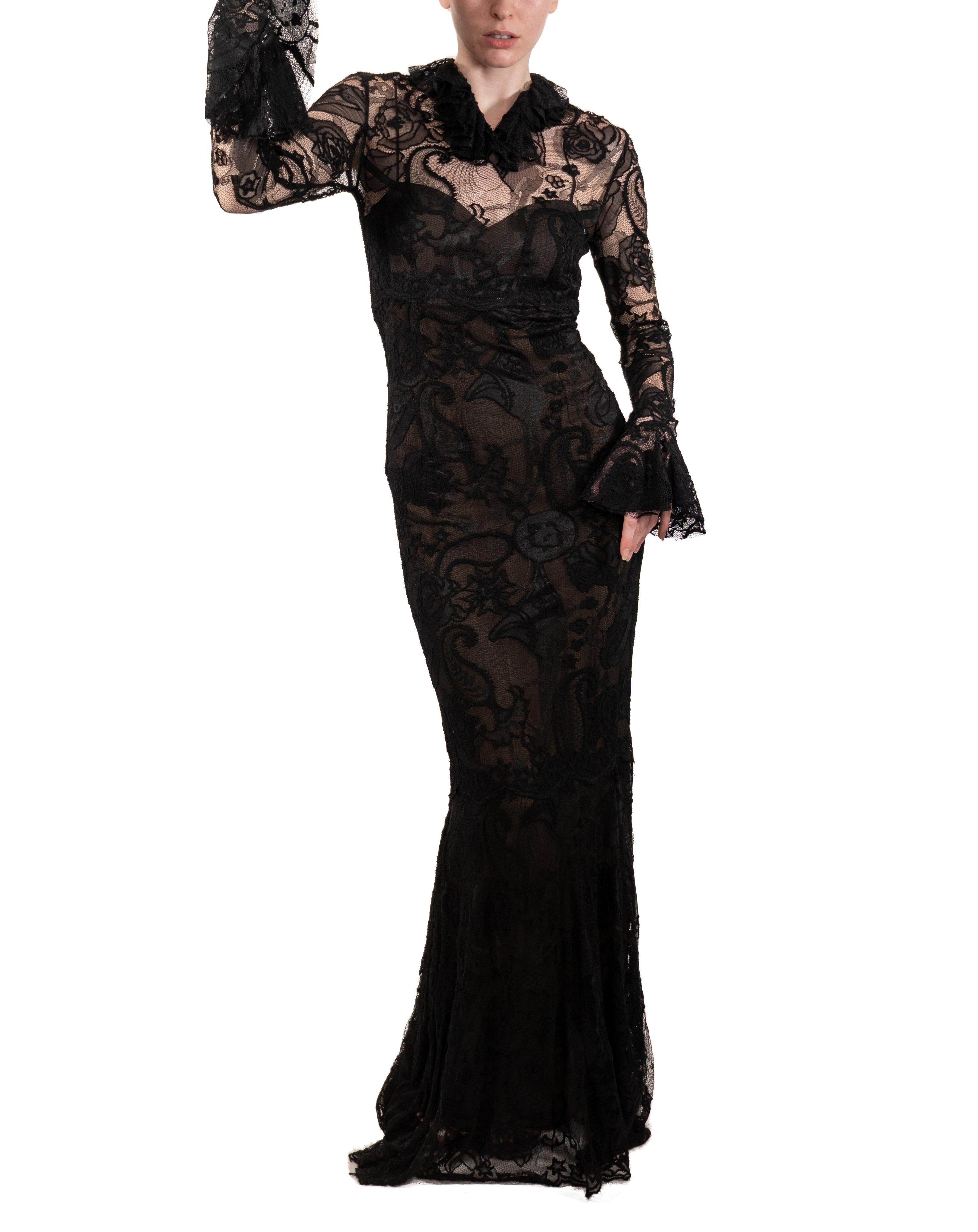1990S Black Rayon & Nylon Lace Long Sleeved Gothic Gown Lined In Silk For Sale 4