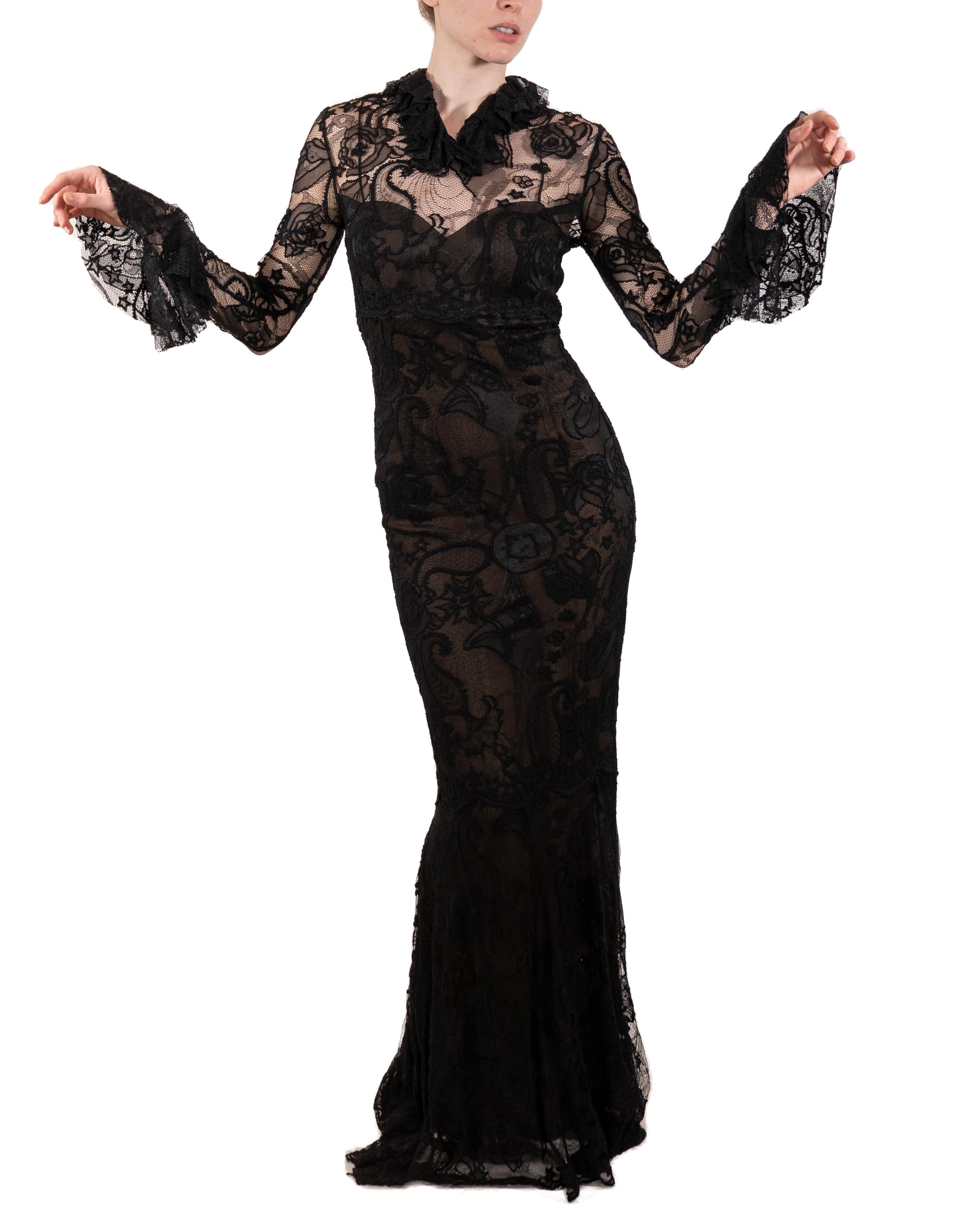 1990S Black Rayon & Nylon Lace Long Sleeved Gothic Gown Lined In Silk For Sale 5