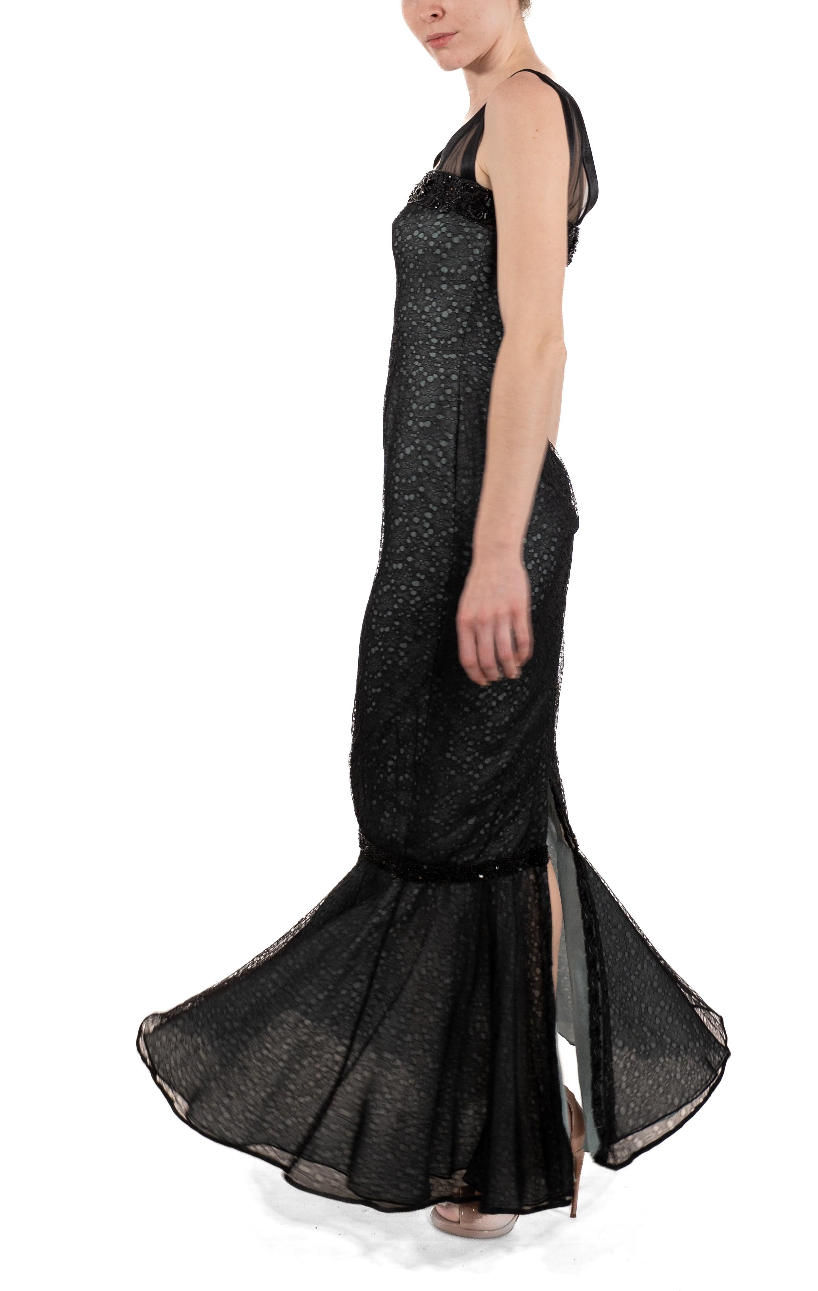 1990S Black Rayon & Silk Lace Gown Underlined In Aqua Blue In Good Condition For Sale In New York, NY