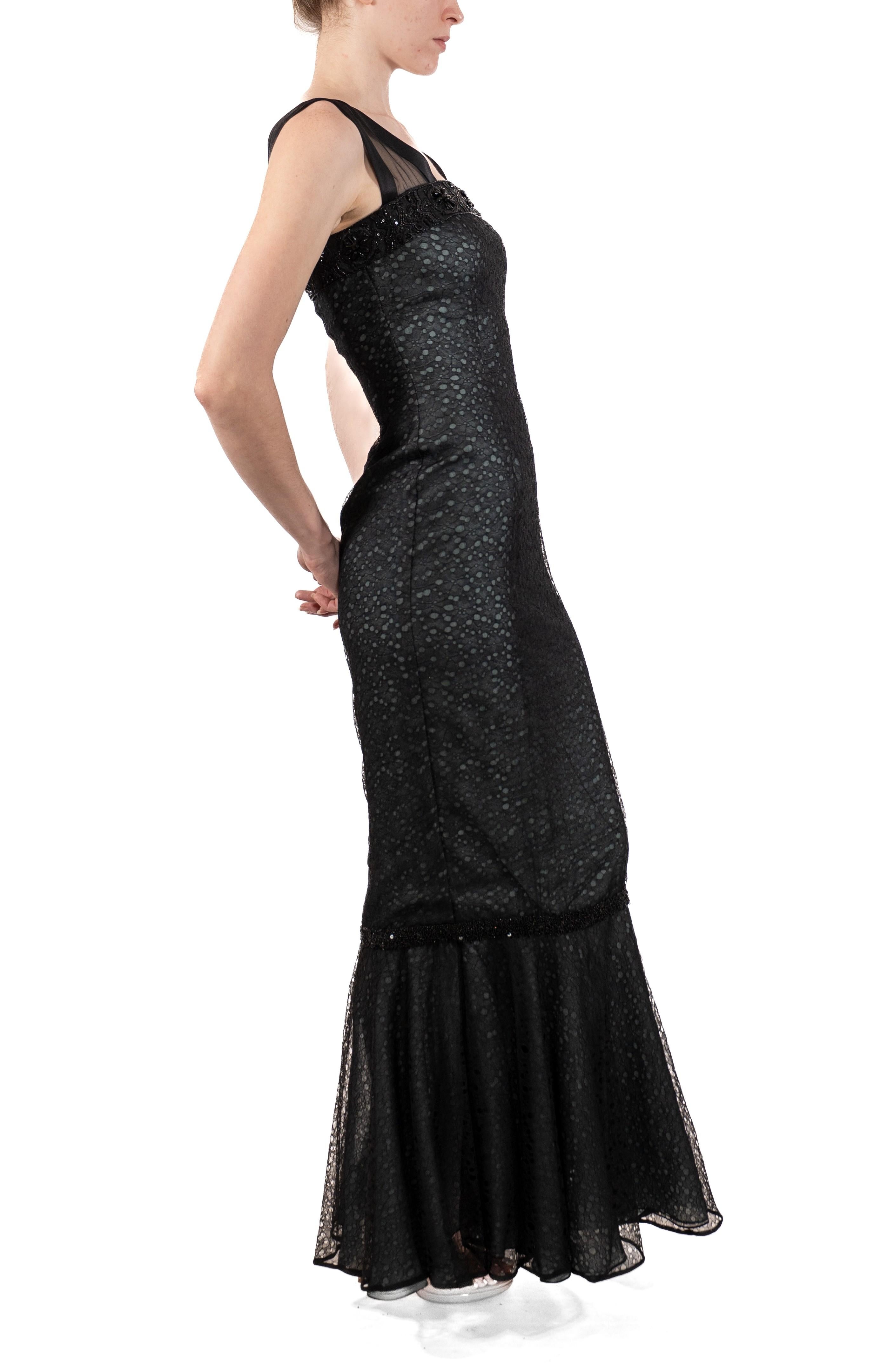 1990S Black Rayon & Silk Lace Gown Underlined In Aqua Blue For Sale 3