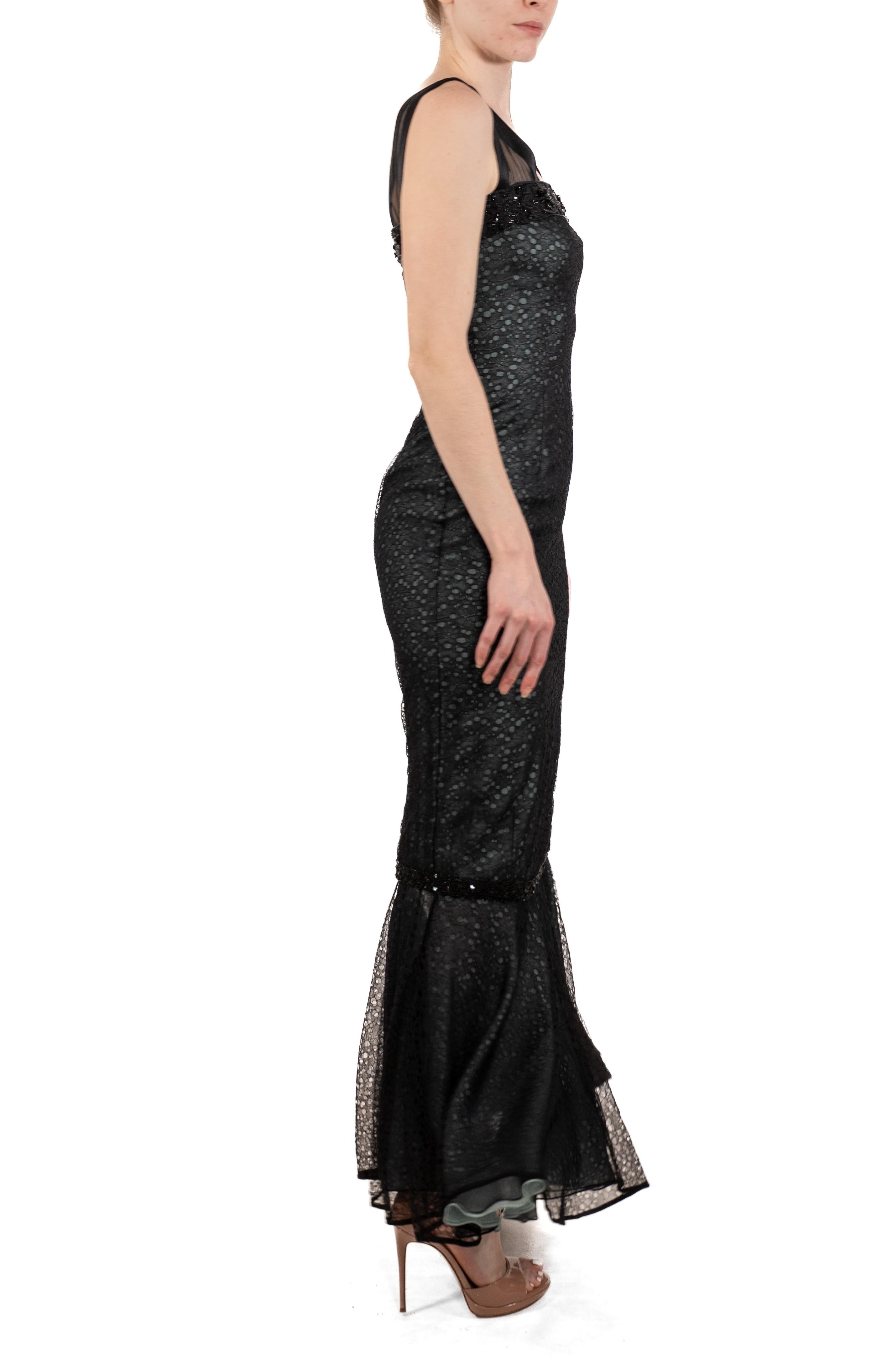1990S Black Rayon & Silk Lace Gown Underlined In Aqua Blue For Sale 4