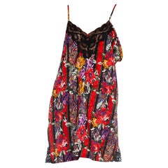 1990S Black & Red Floral Rayon Silk Lace Slip Dress