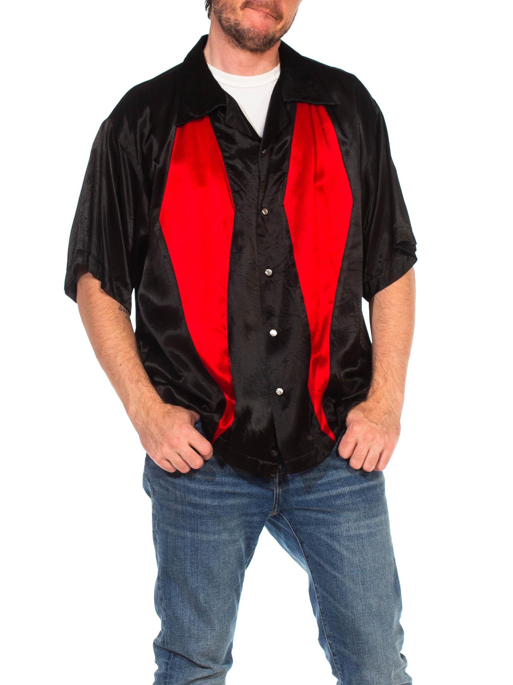1990S Black & Red Poly/Viscose Satin Rockabilly Rat Pack Dice Button Shirt In Excellent Condition In New York, NY