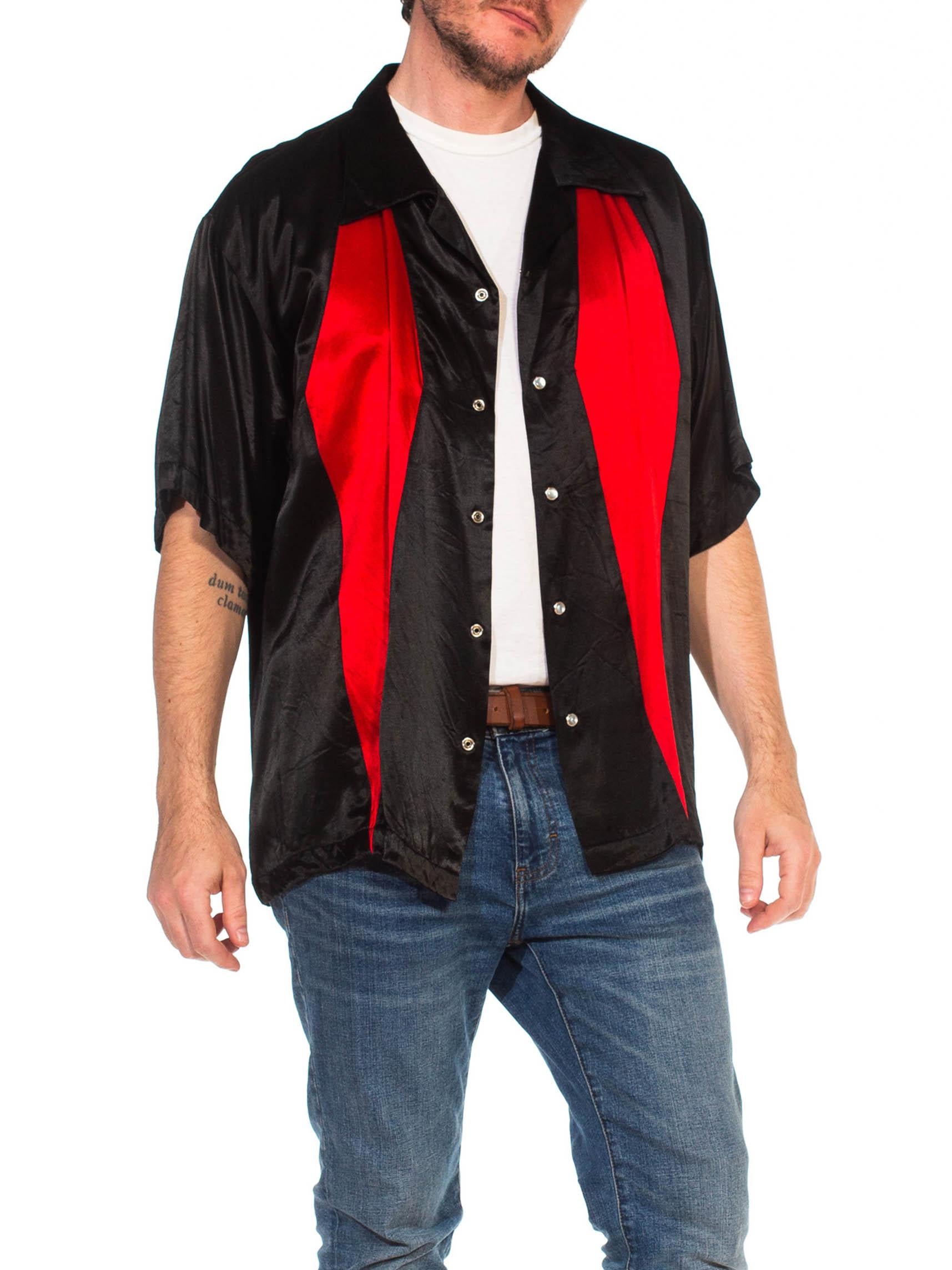 Men's 1990S Black & Red Poly/Viscose Satin Rockabilly Rat Pack Dice Button Shirt