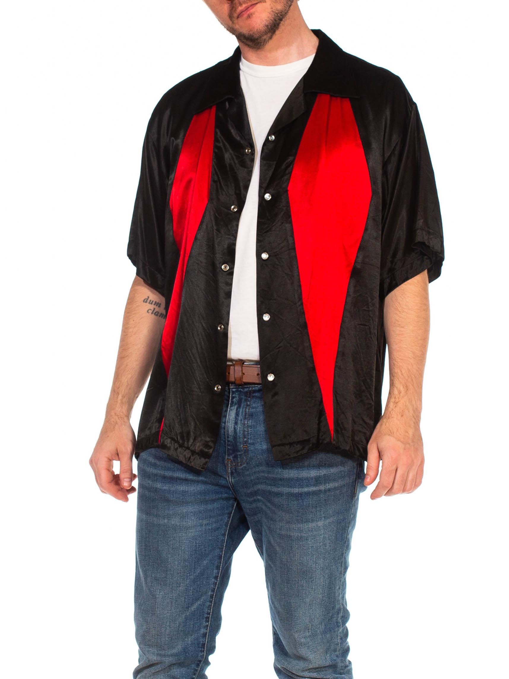 1990S Black & Red Poly/Viscose Satin Rockabilly Rat Pack Dice Button Shirt 1
