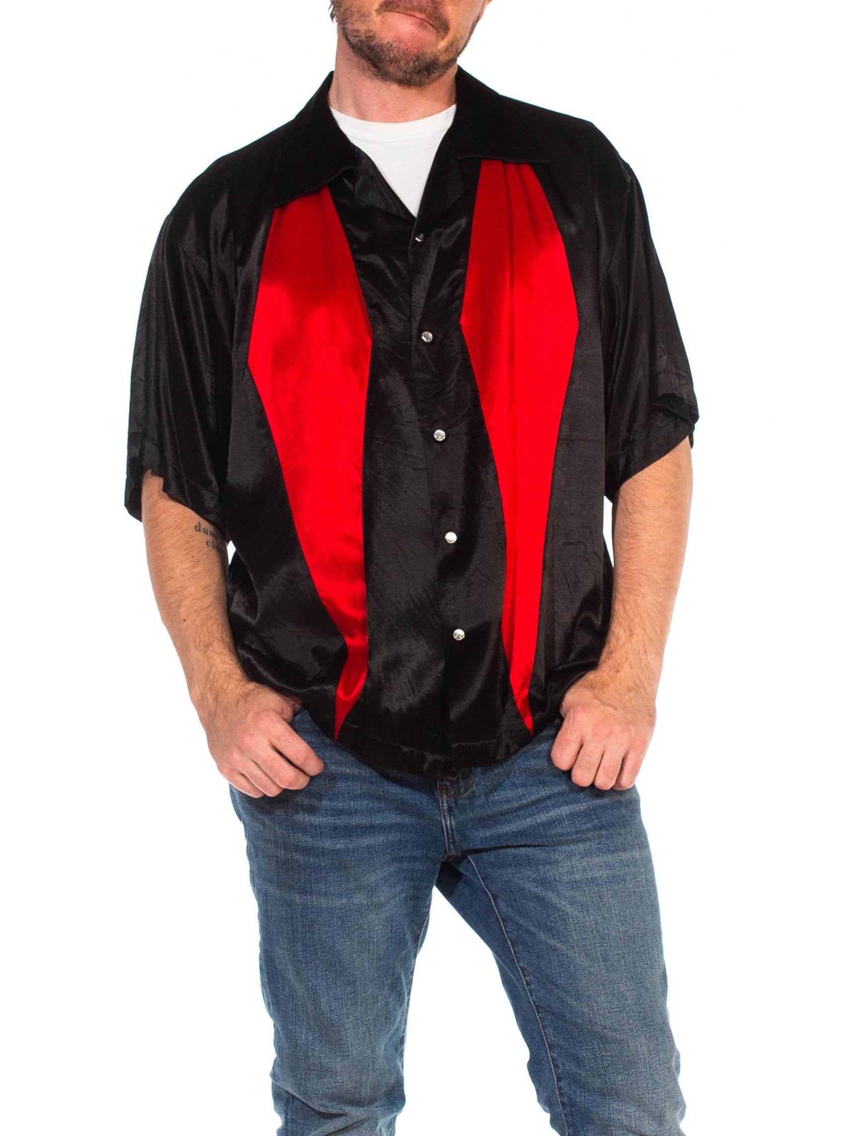 1990S Black & Red Poly/Viscose Satin Rockabilly Rat Pack Dice Button Shirt 2
