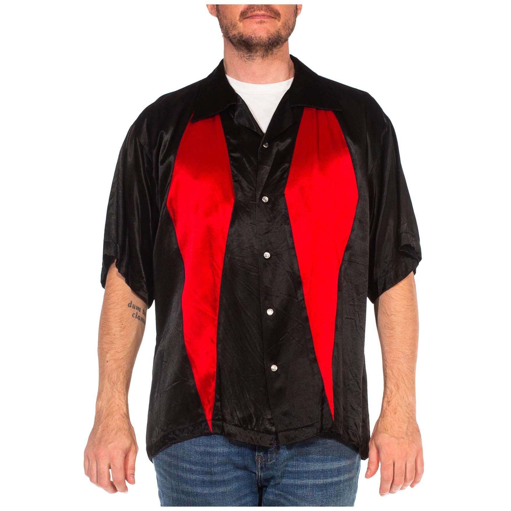 1990S Black & Red Poly/Viscose Satin Rockabilly Rat Pack Dice Button Shirt