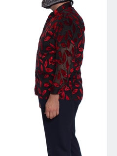1990S Black & Red Rayon Lurex Burnout Velvet Oversized Sheer Mens Shirt