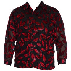 Vintage 1990S Black & Red Rayon Lurex Burnout Velvet Oversized Sheer Mens Shirt