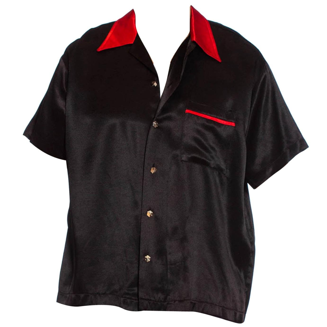 1990S Black & Red Rayon Satin "Pimp Daddy" Rockabilly Men's Shirt With Dice Butt