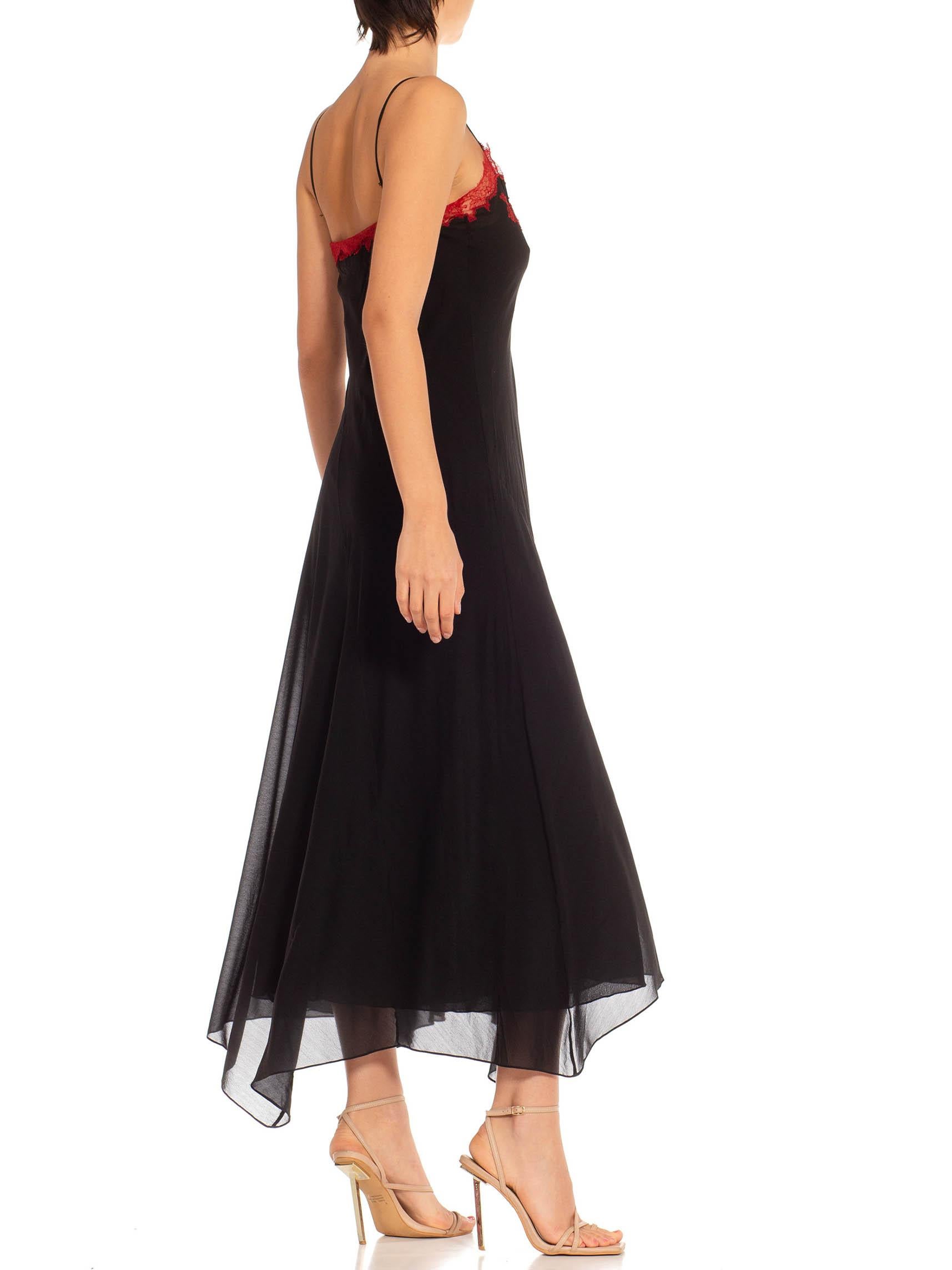 1990S Black & Red Silk Lace Trim Appliqué Bias Cut Slip Dress For Sale 7