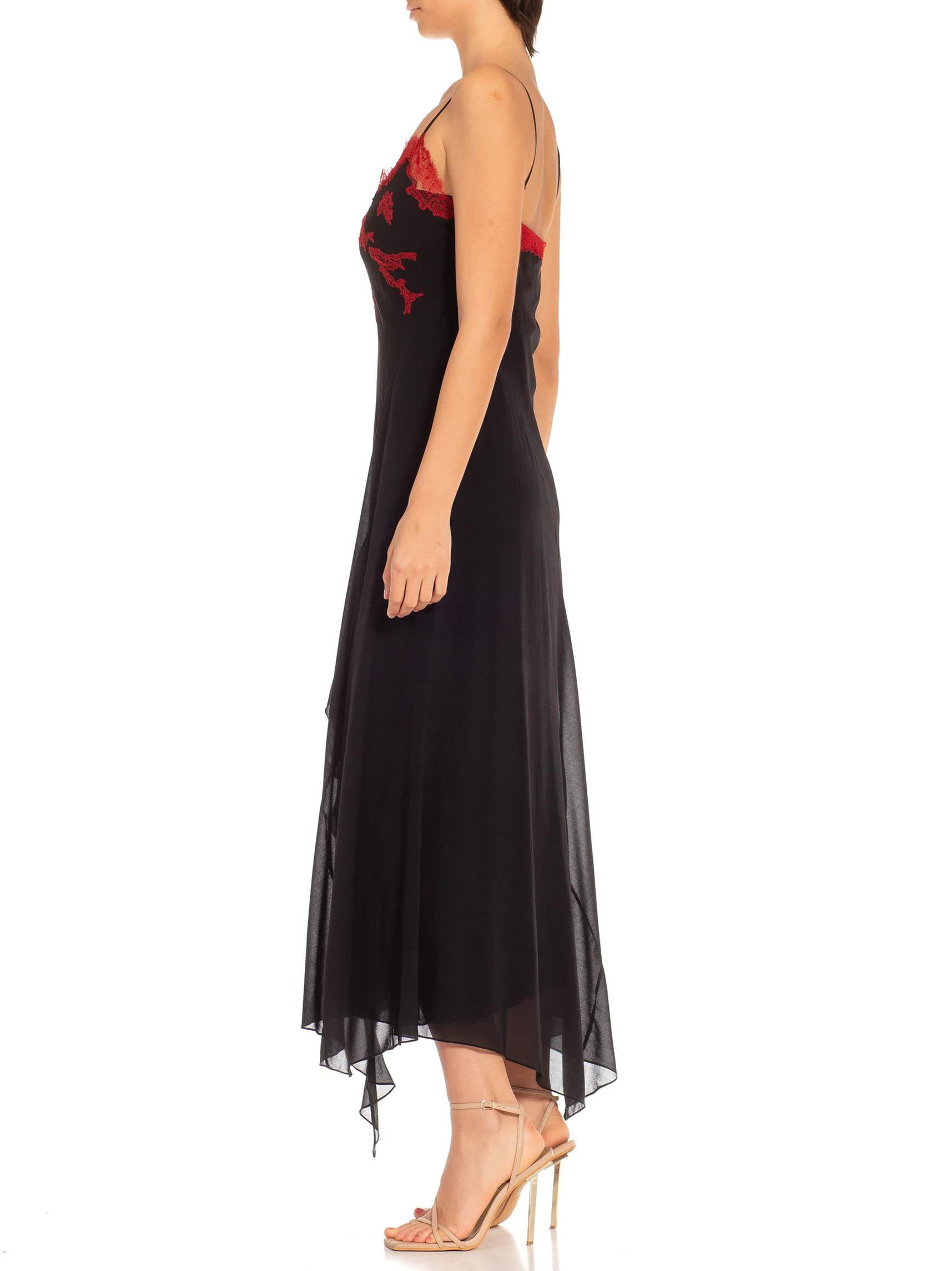 1990S Black & Red Silk Lace Trim Appliqué Bias Cut Slip Dress In Excellent Condition For Sale In New York, NY