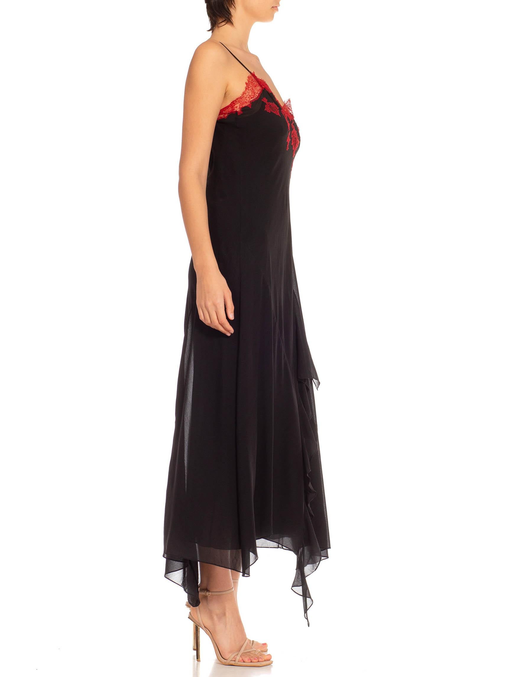 Women's 1990S Black & Red Silk Lace Trim Appliqué Bias Cut Slip Dress For Sale