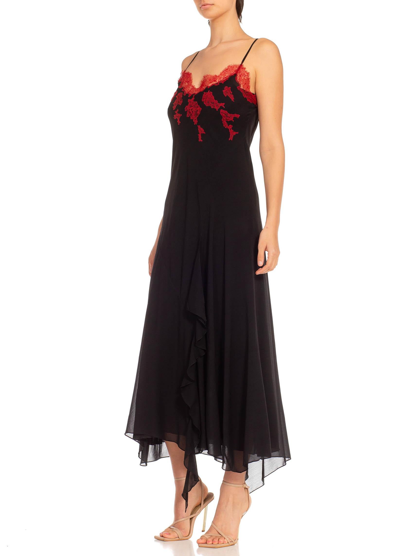 1990S Black & Red Silk Lace Trim Appliqué Bias Cut Slip Dress For Sale 1