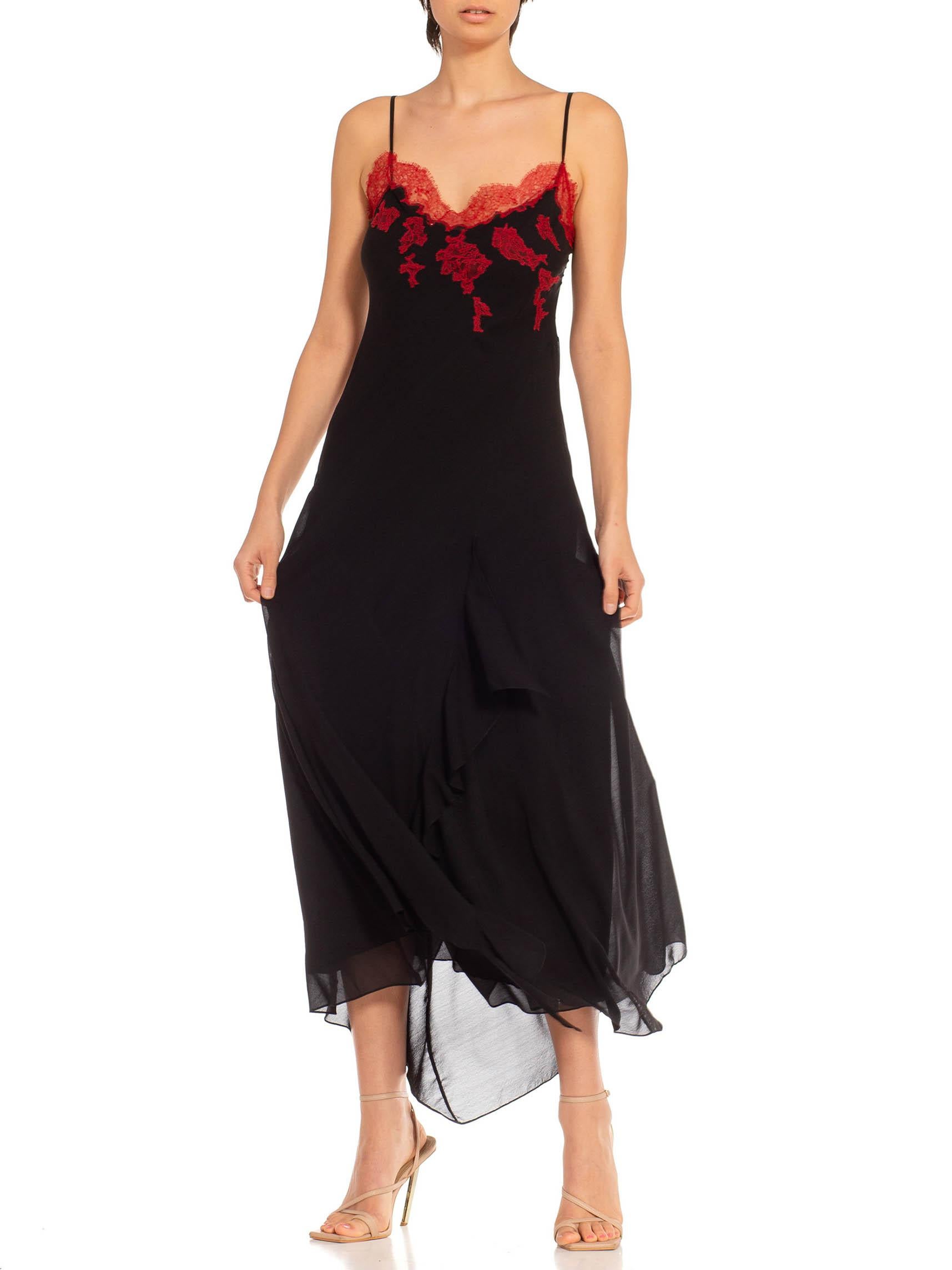 1990S Black & Red Silk Lace Trim Appliqué Bias Cut Slip Dress For Sale 2