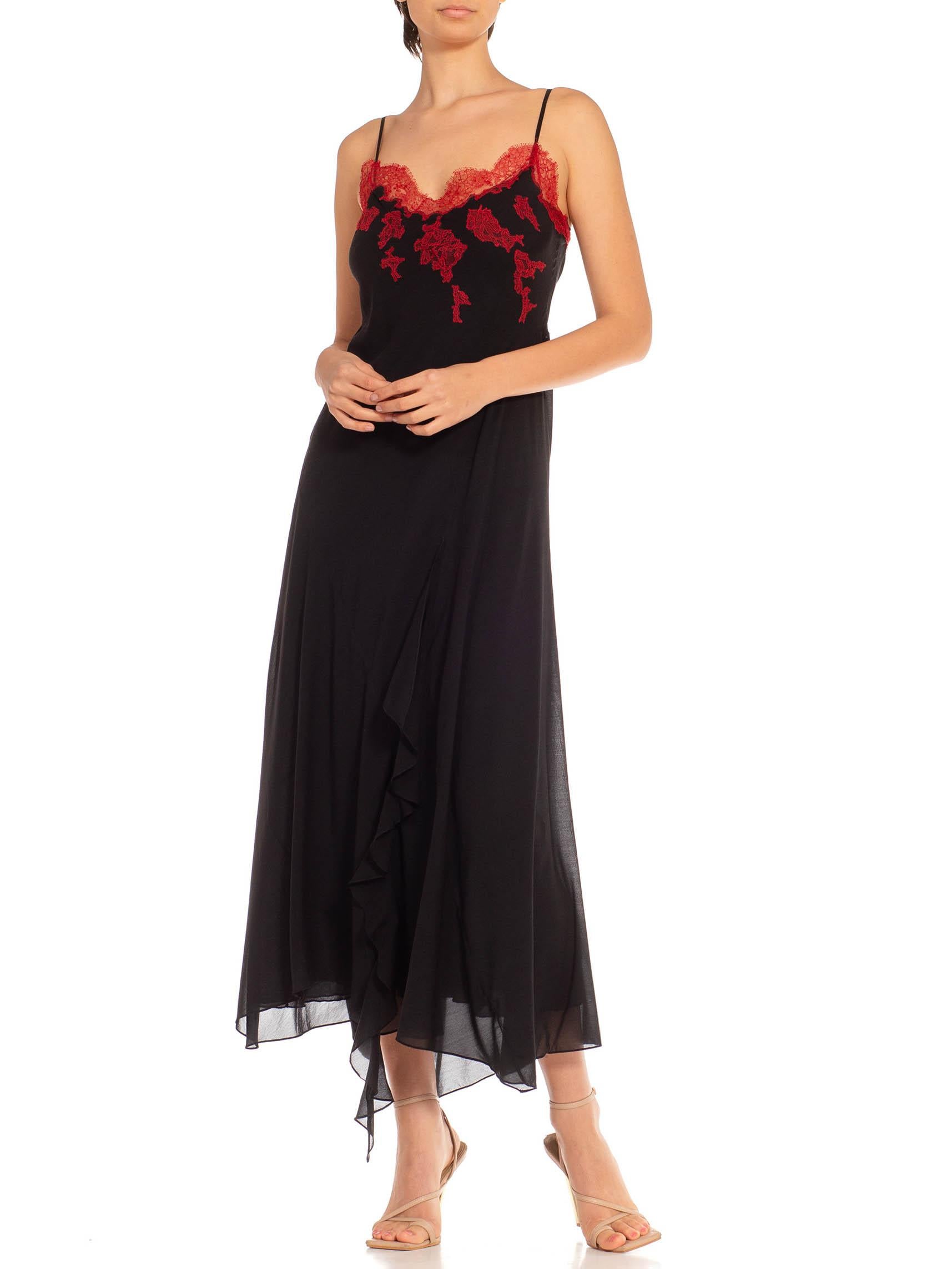 1990S Black & Red Silk Lace Trim Appliqué Bias Cut Slip Dress For Sale 3