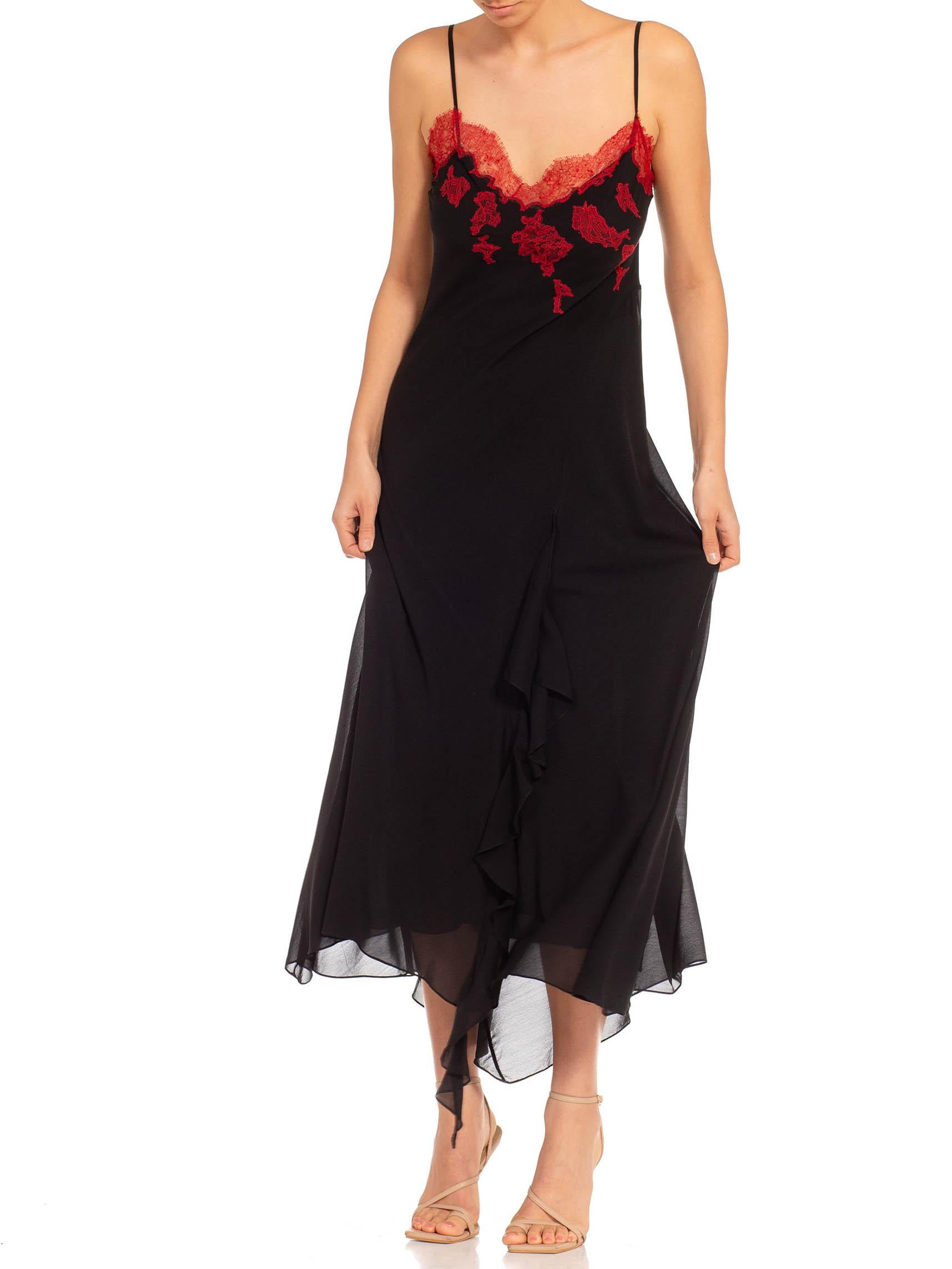 1990S Black & Red Silk Lace Trim Appliqué Bias Cut Slip Dress For Sale 4