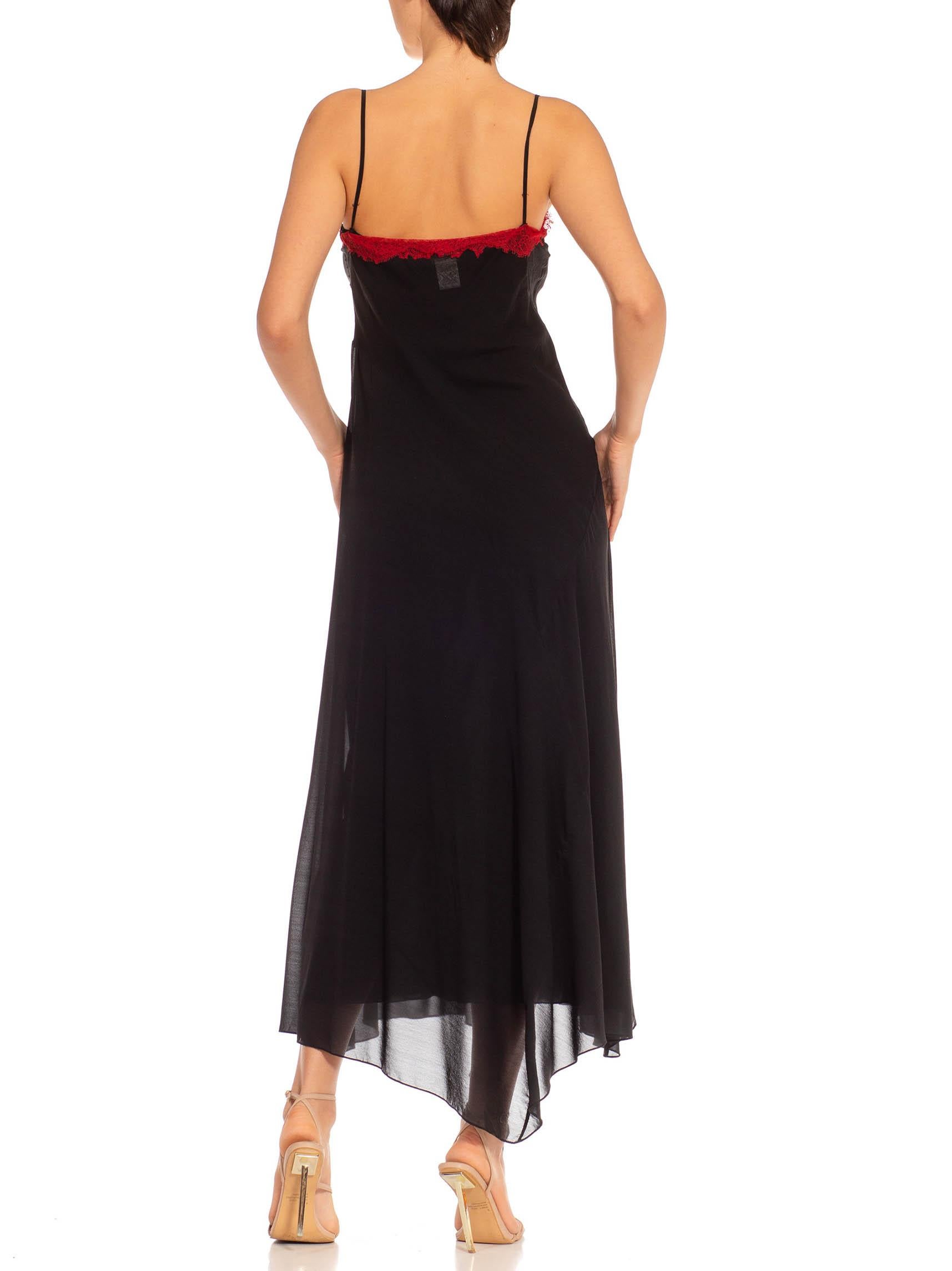 1990S Black & Red Silk Lace Trim Appliqué Bias Cut Slip Dress For Sale 6