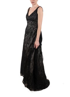 1990S Black Semi-Sheer Embroidered Lace Ball Gown With Slight Train
