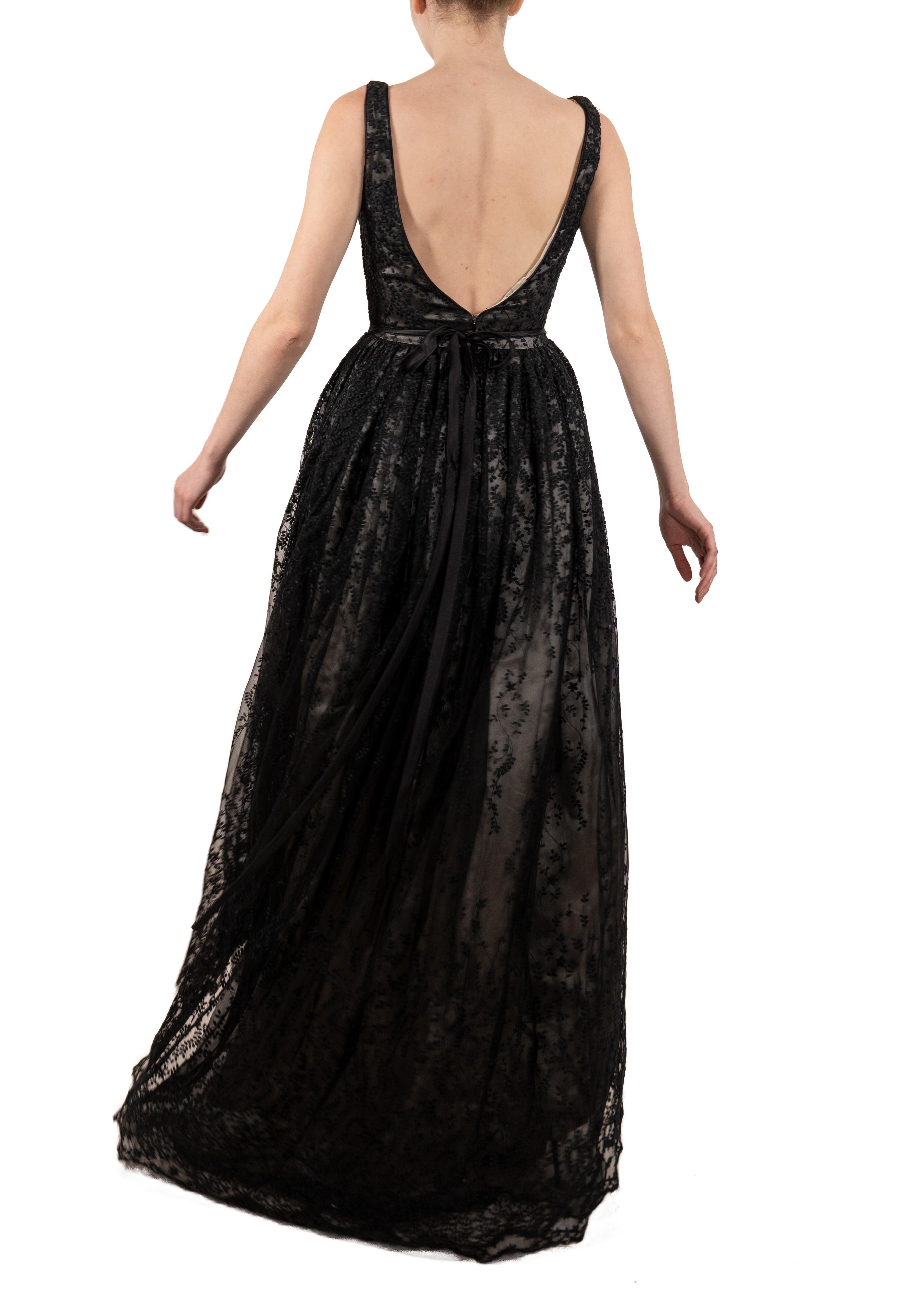 1990S Black Semi-Sheer Embroidered Lace Ball Gown With Slight Train In Good Condition For Sale In New York, NY