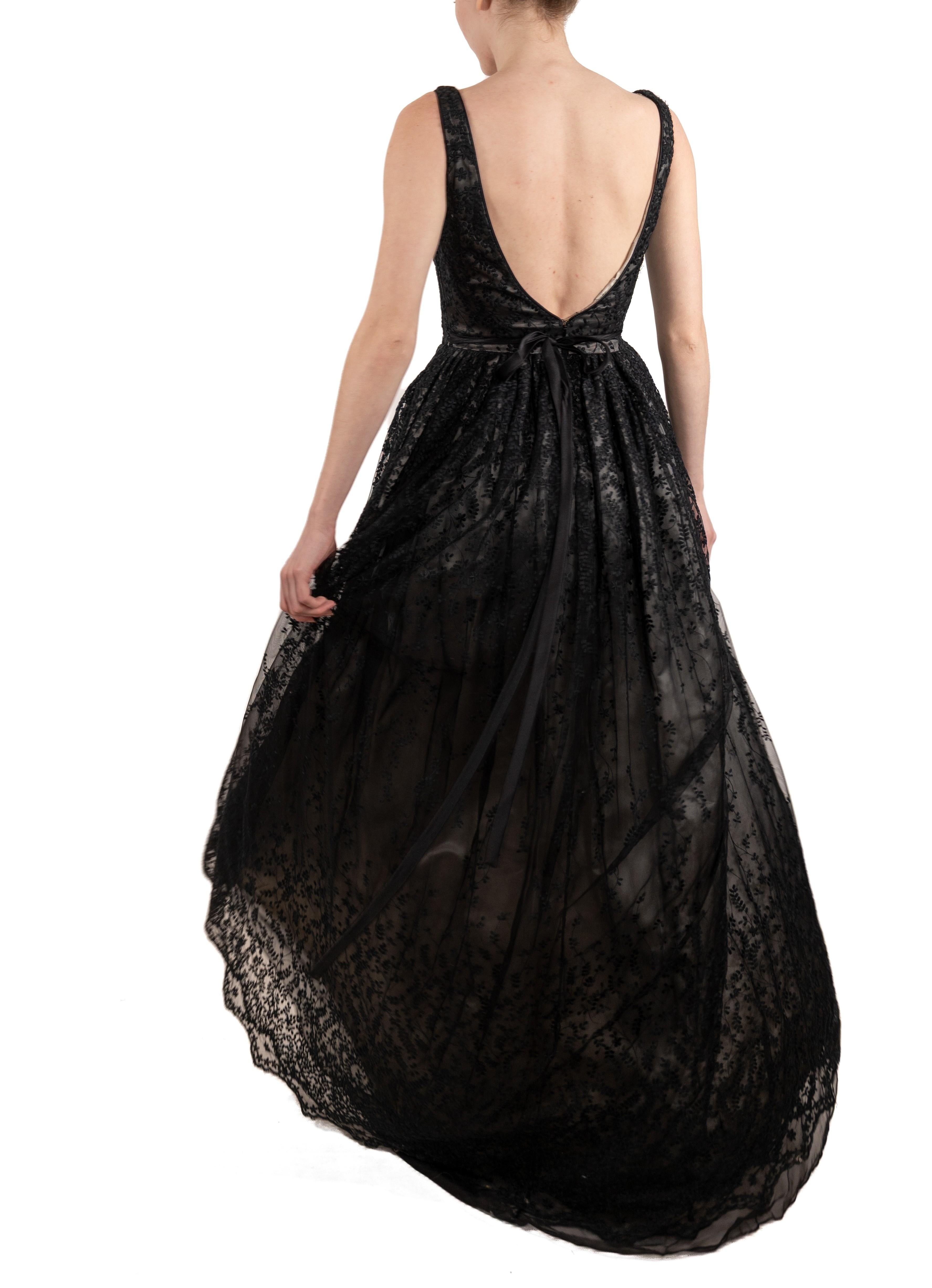 Women's 1990S Black Semi-Sheer Embroidered Lace Ball Gown With Slight Train For Sale