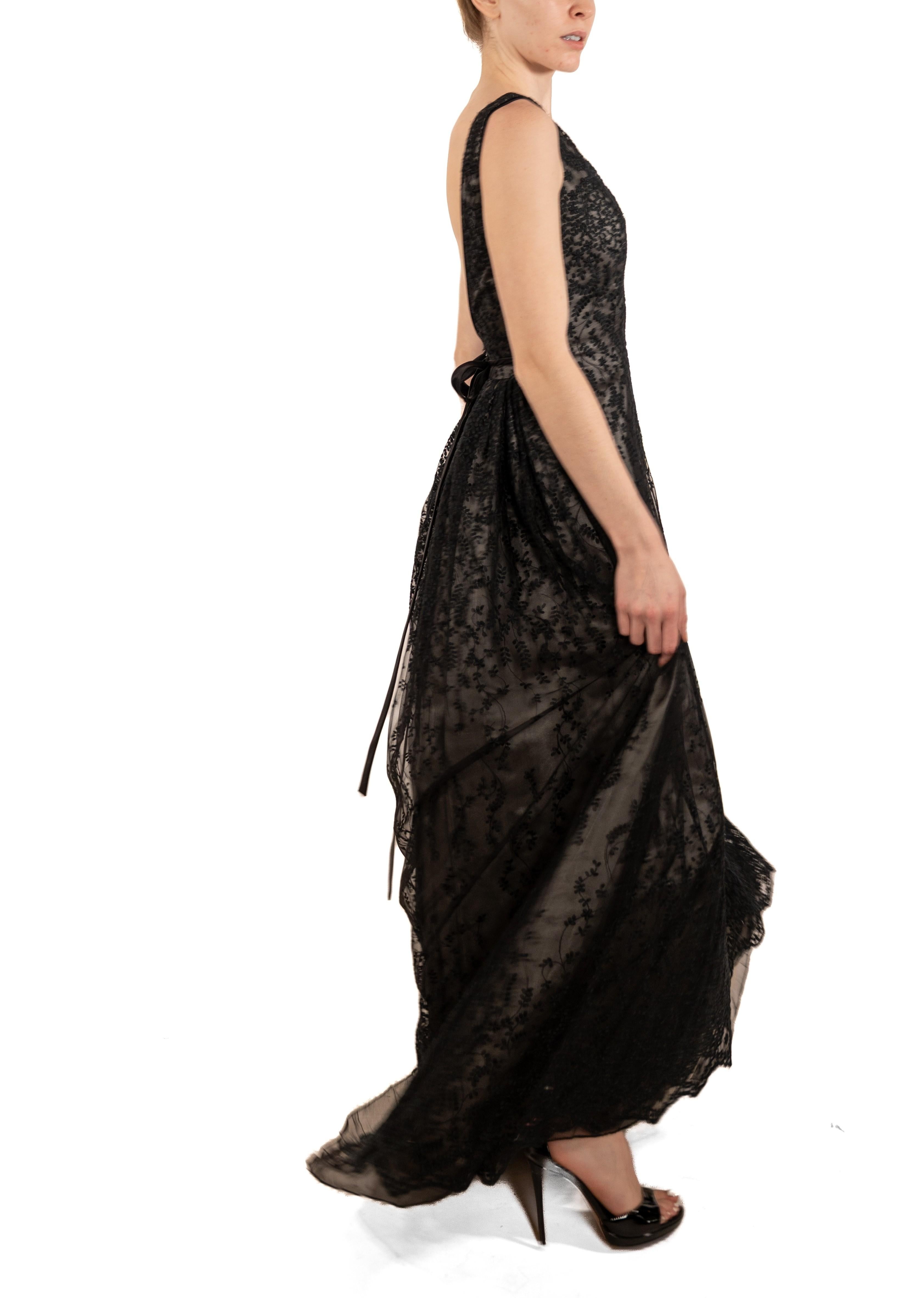 1990S Black Semi-Sheer Embroidered Lace Ball Gown With Slight Train For Sale 2
