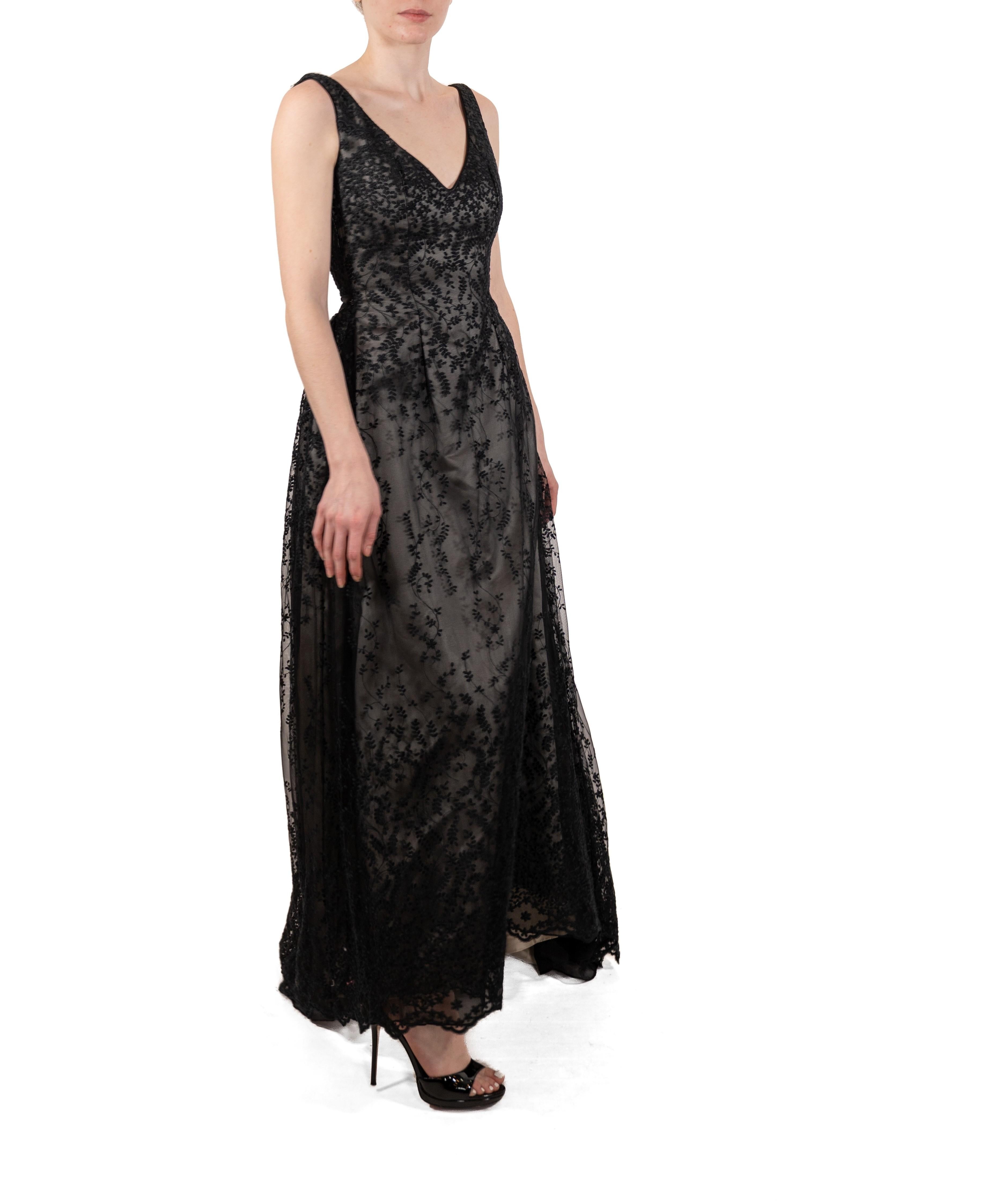 1990S Black Semi-Sheer Embroidered Lace Ball Gown With Slight Train For Sale 3