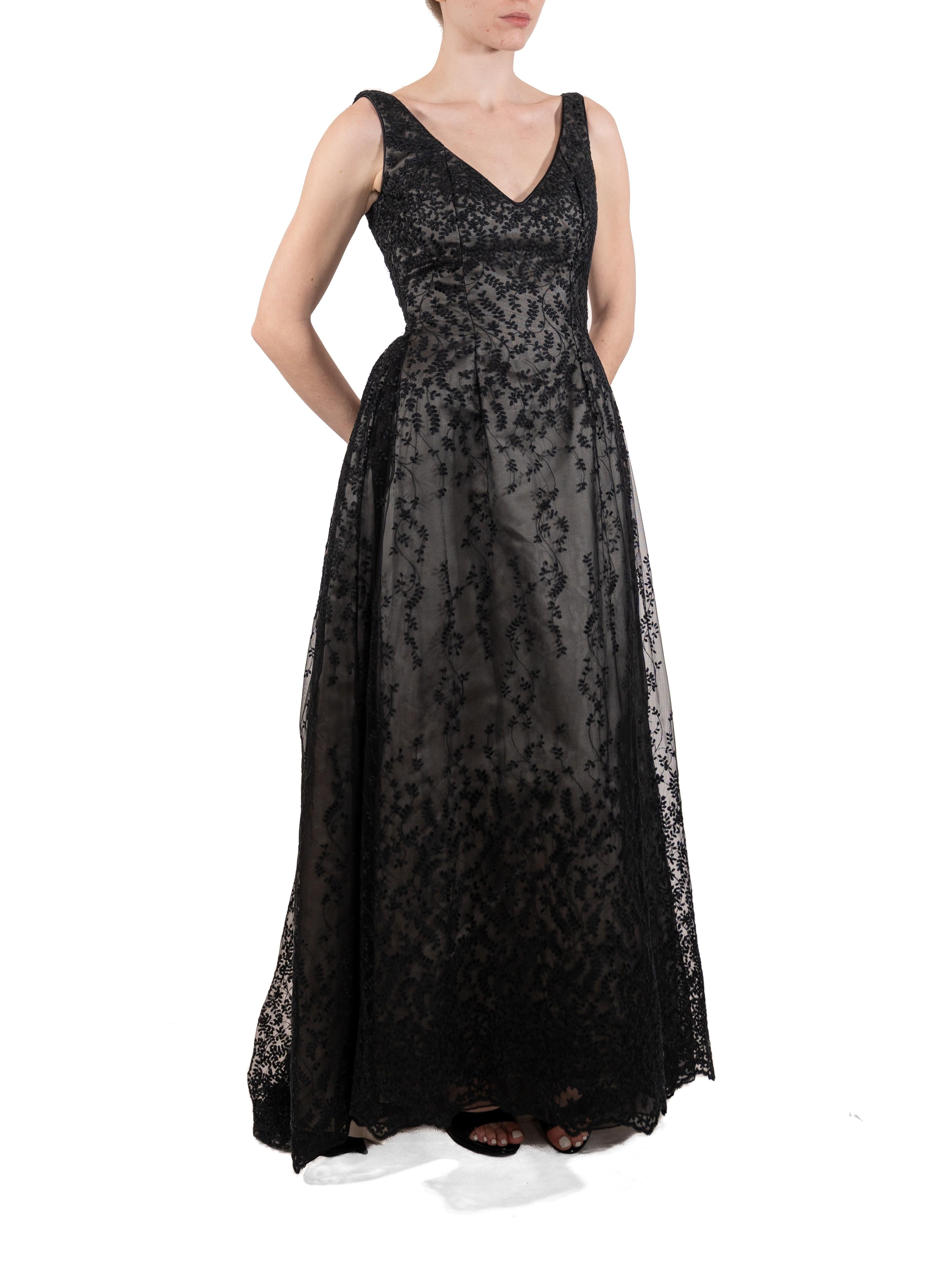 1990S Black Semi-Sheer Embroidered Lace Ball Gown With Slight Train For Sale 4
