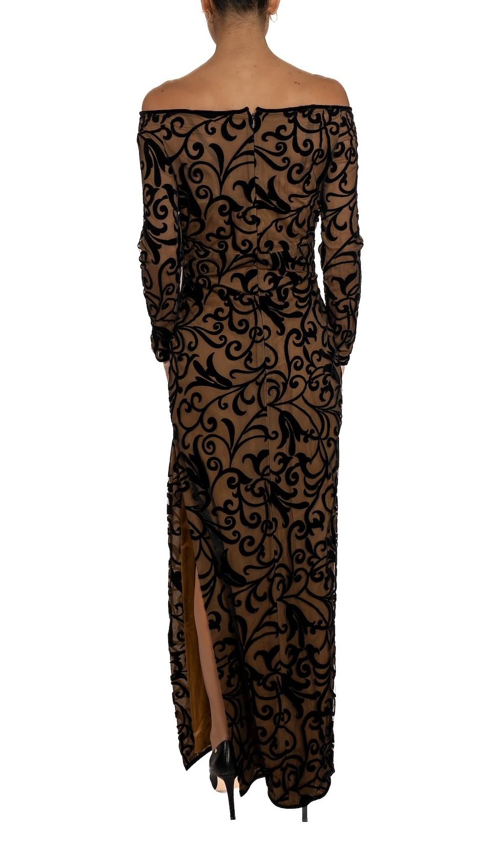 1990S Robe à manches longues en velours semi-transparent floqué sur tulle, doublée de soie, noire Bon état - En vente à New York, NY