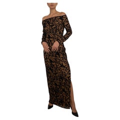 1990S Robe à manches longues en velours semi-transparent floqué sur tulle, doublée de soie, noire