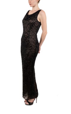 1990S Black Semi-Sheer Silk Beaded Lace Gown