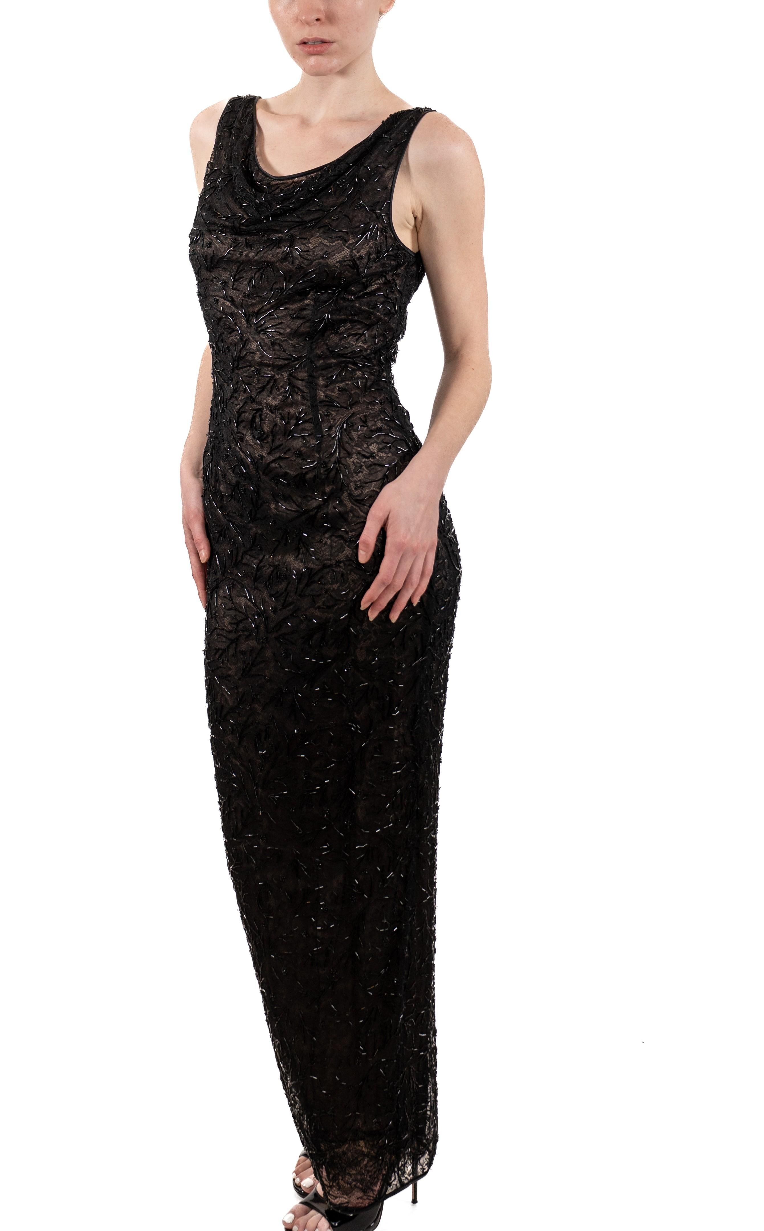 Women's 1990S Black Semi-Sheer Silk Beaded Lace Gown For Sale