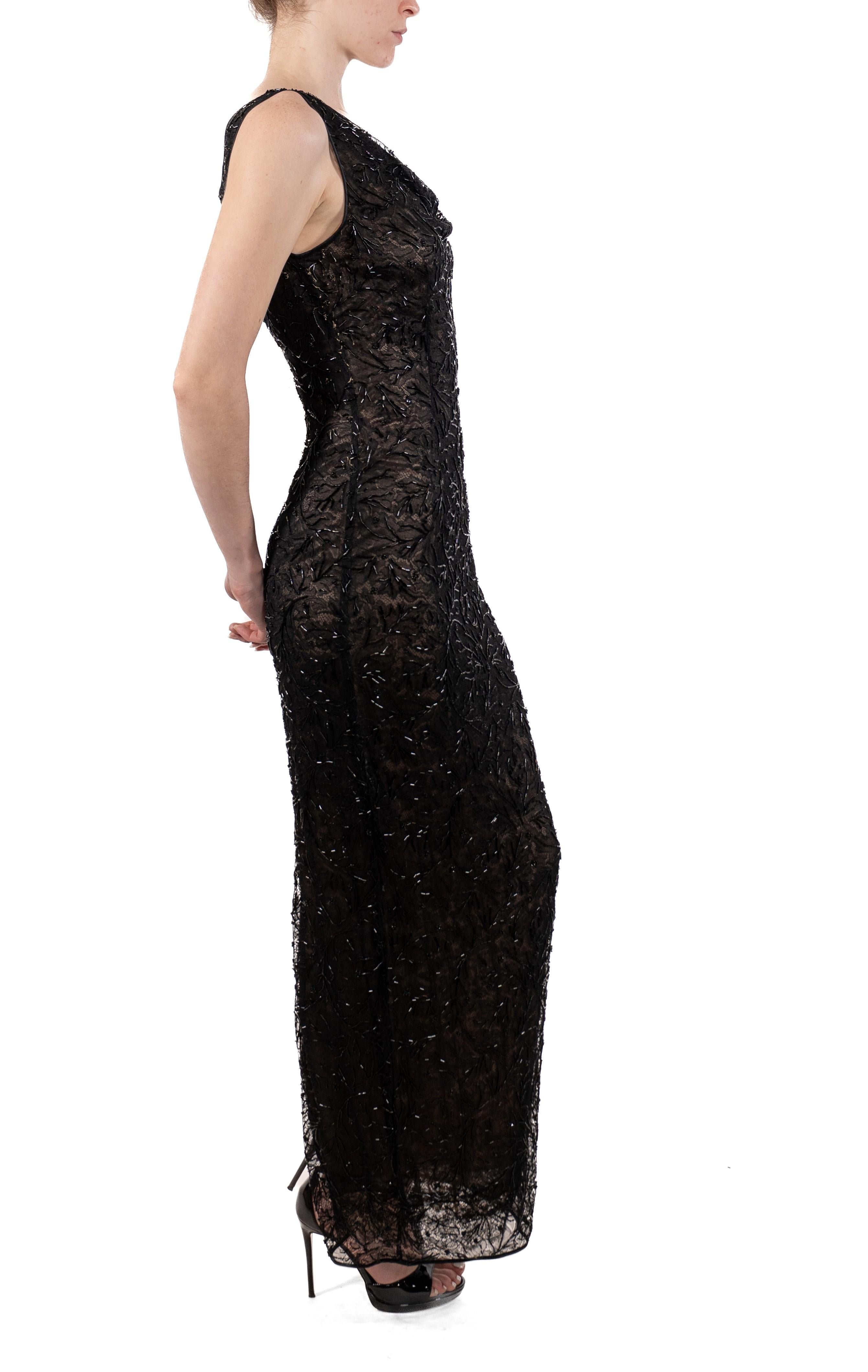 1990S Black Semi-Sheer Silk Beaded Lace Gown For Sale 5