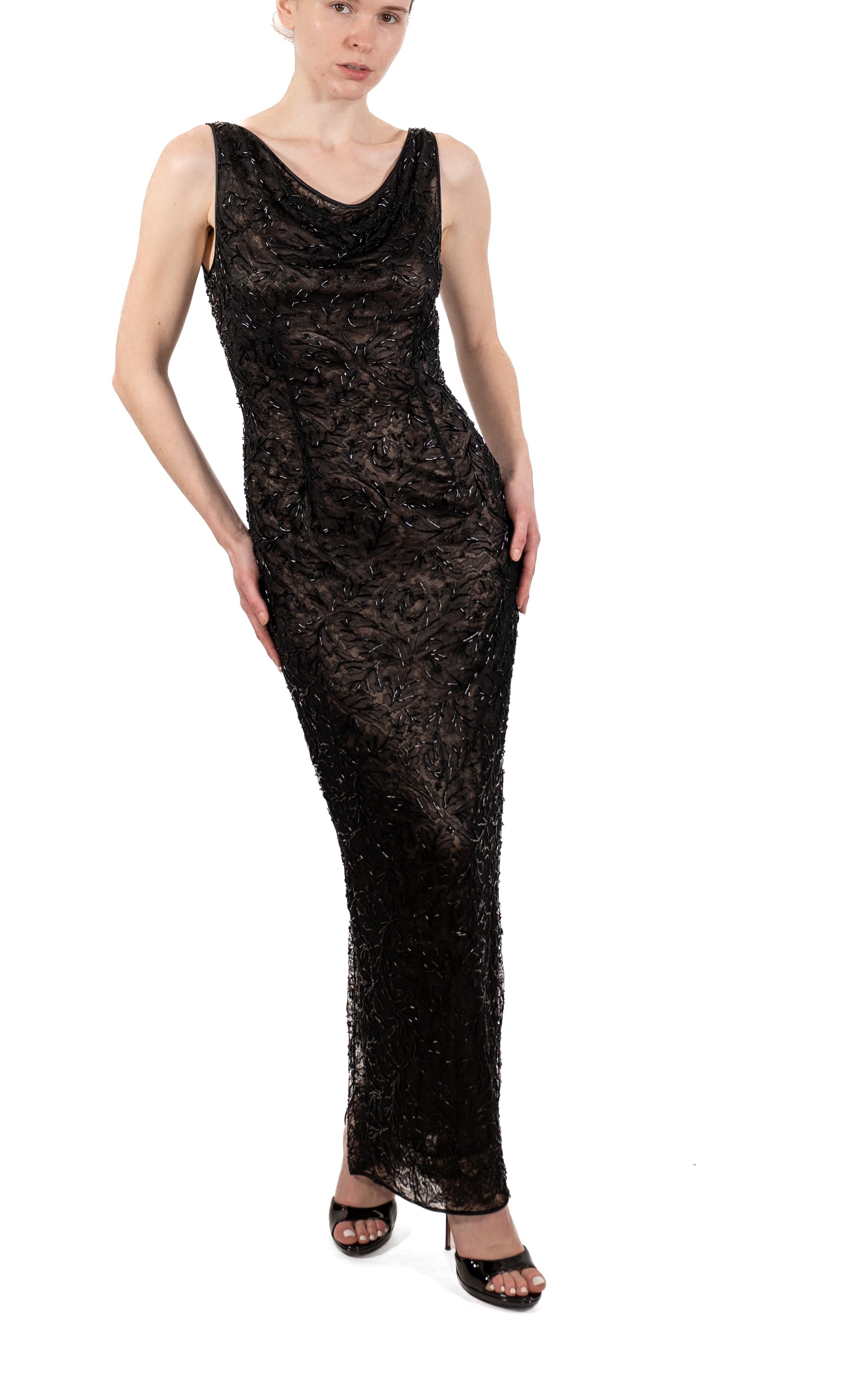 1990S Black Semi-Sheer Silk Beaded Lace Gown For Sale 6