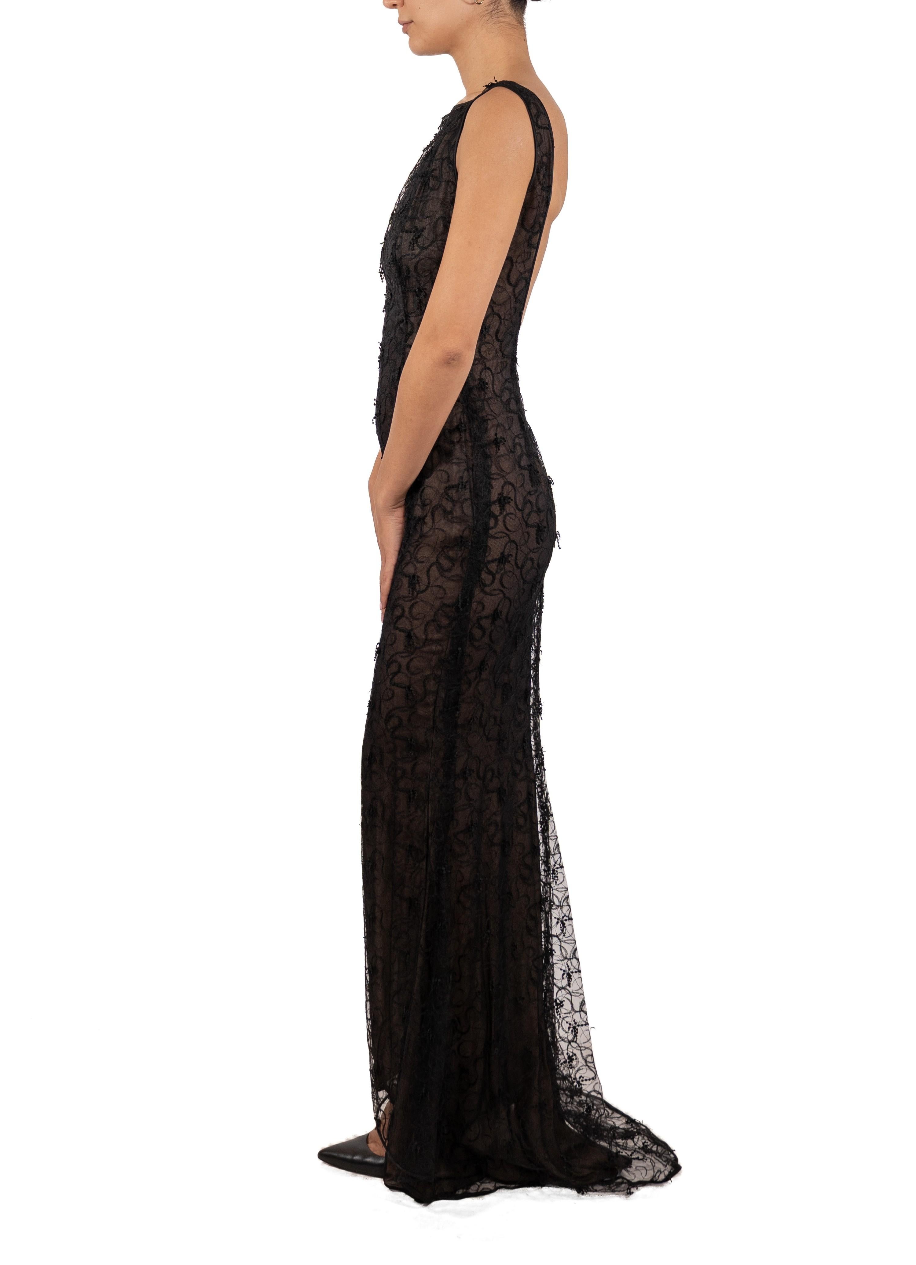 1990S Black Semi-Sheer Silk Lace Low Back Gown With Train In Good Condition For Sale In New York, NY