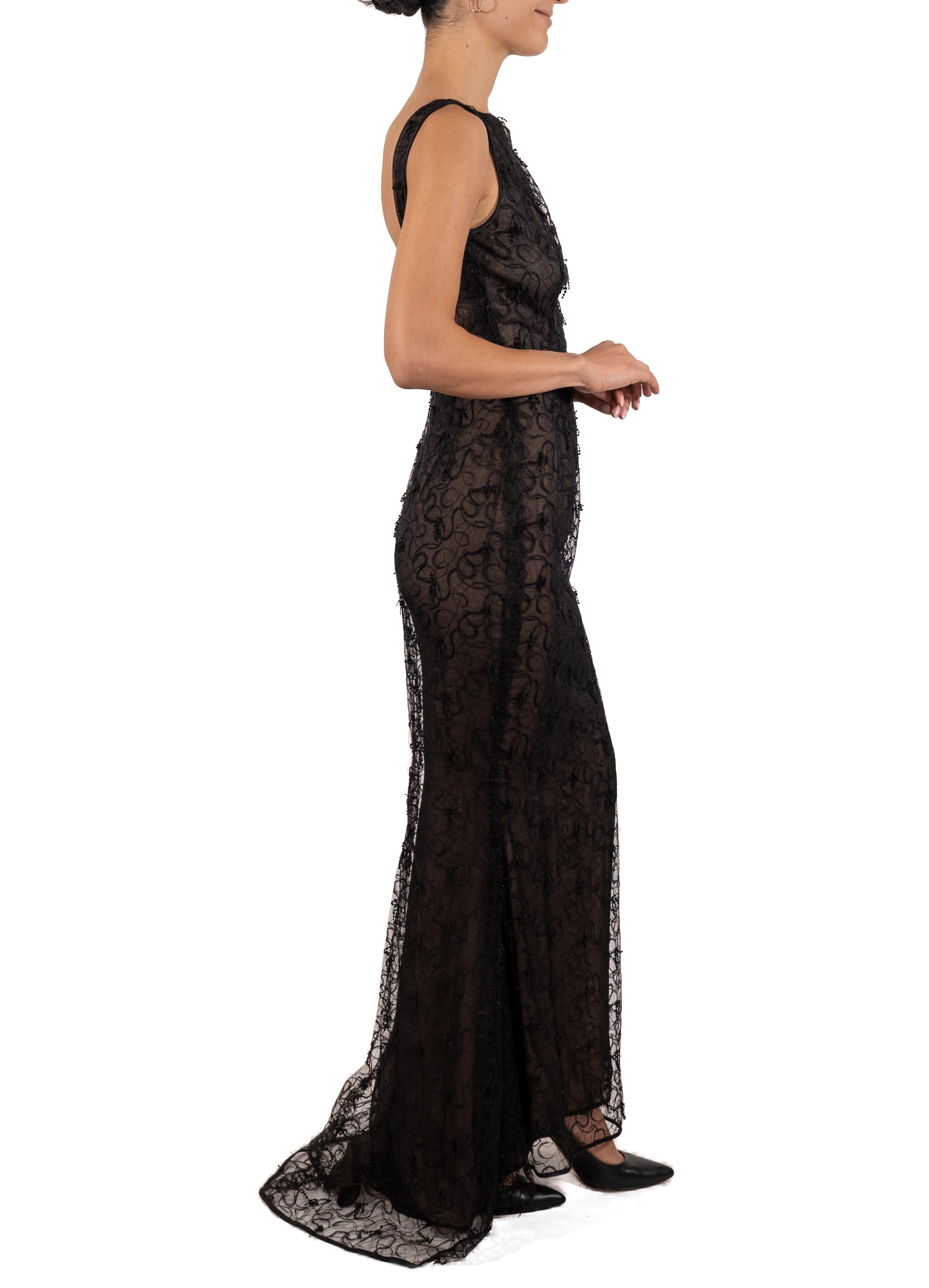 1990S Black Semi-Sheer Silk Lace Low Back Gown With Train For Sale 3