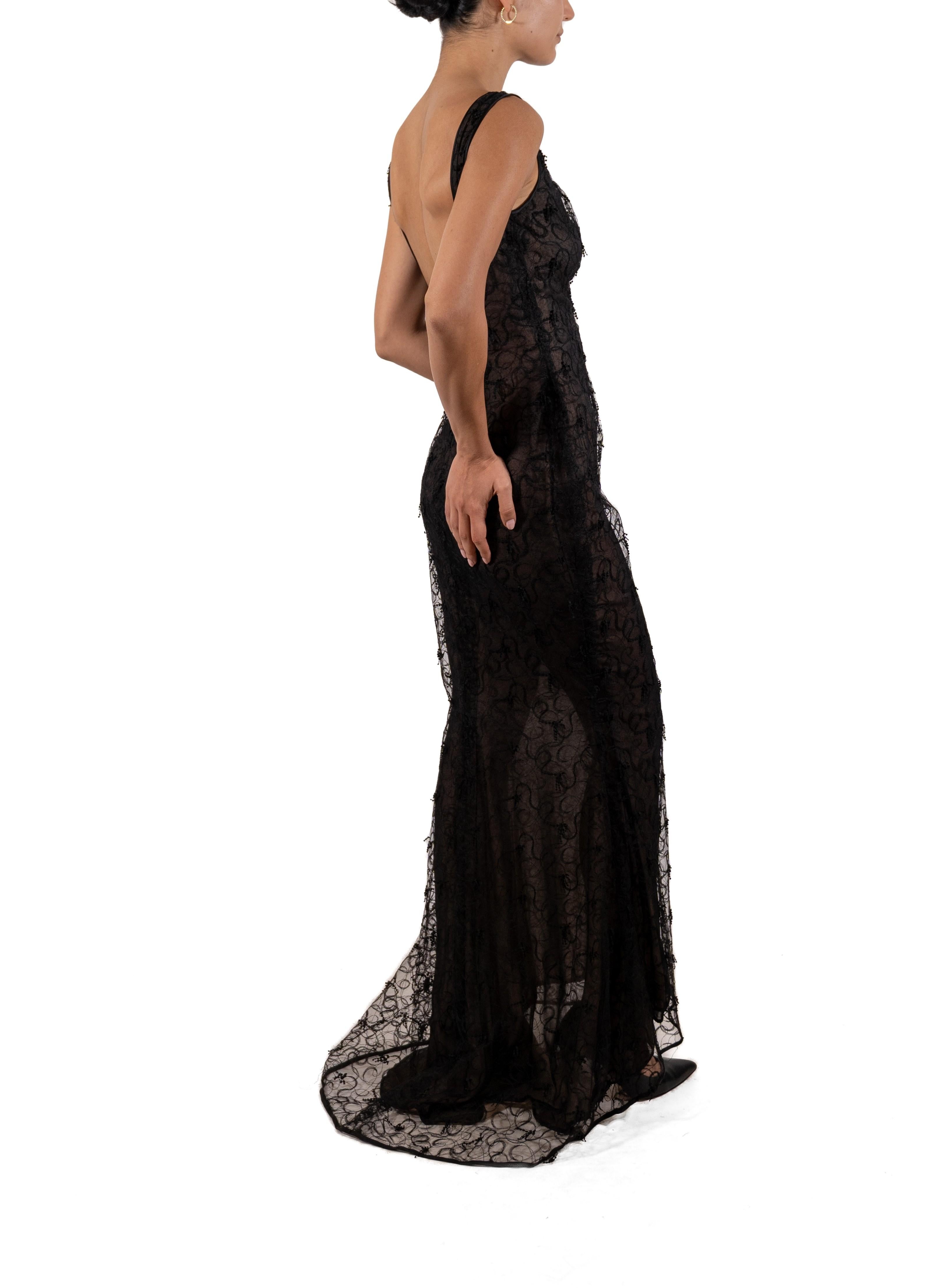 1990S Black Semi-Sheer Silk Lace Low Back Gown With Train For Sale 5