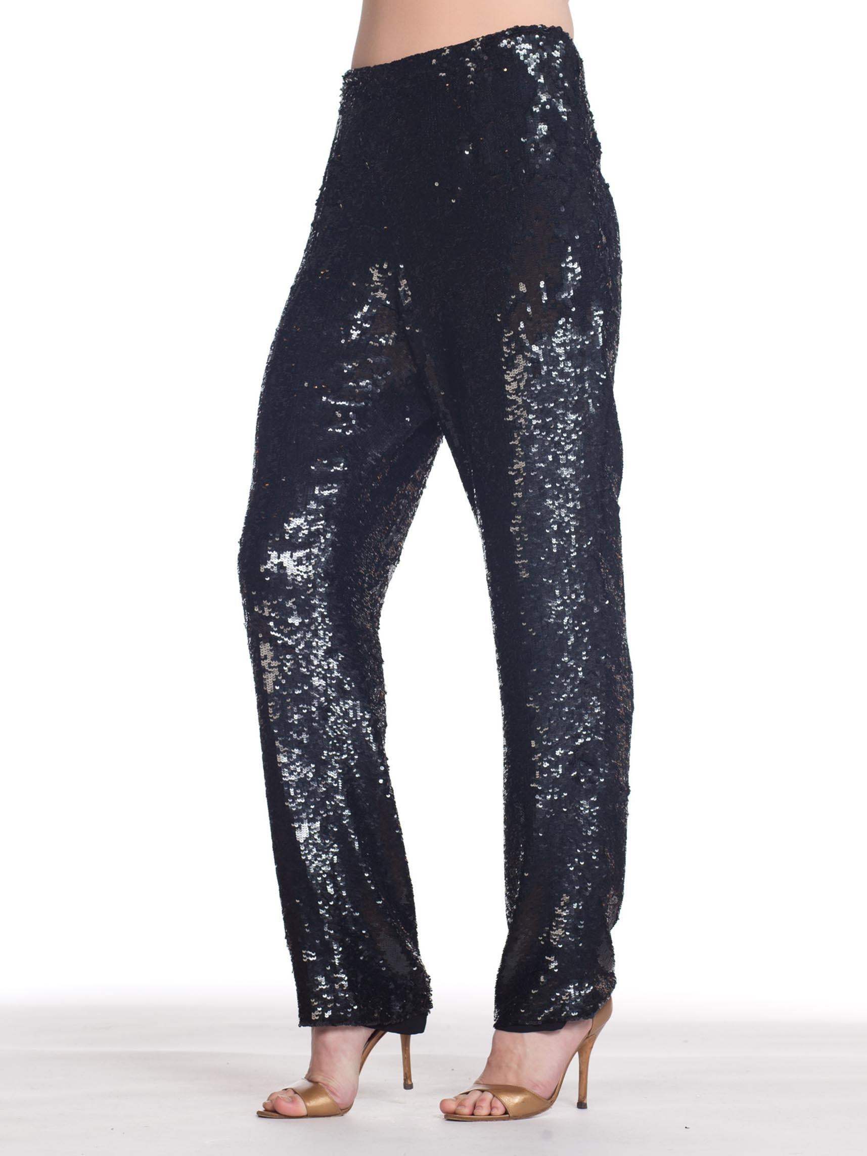 1990S Black Sequined Silk Chiffon Wide Leg Evening Pants In Excellent Condition In New York, NY