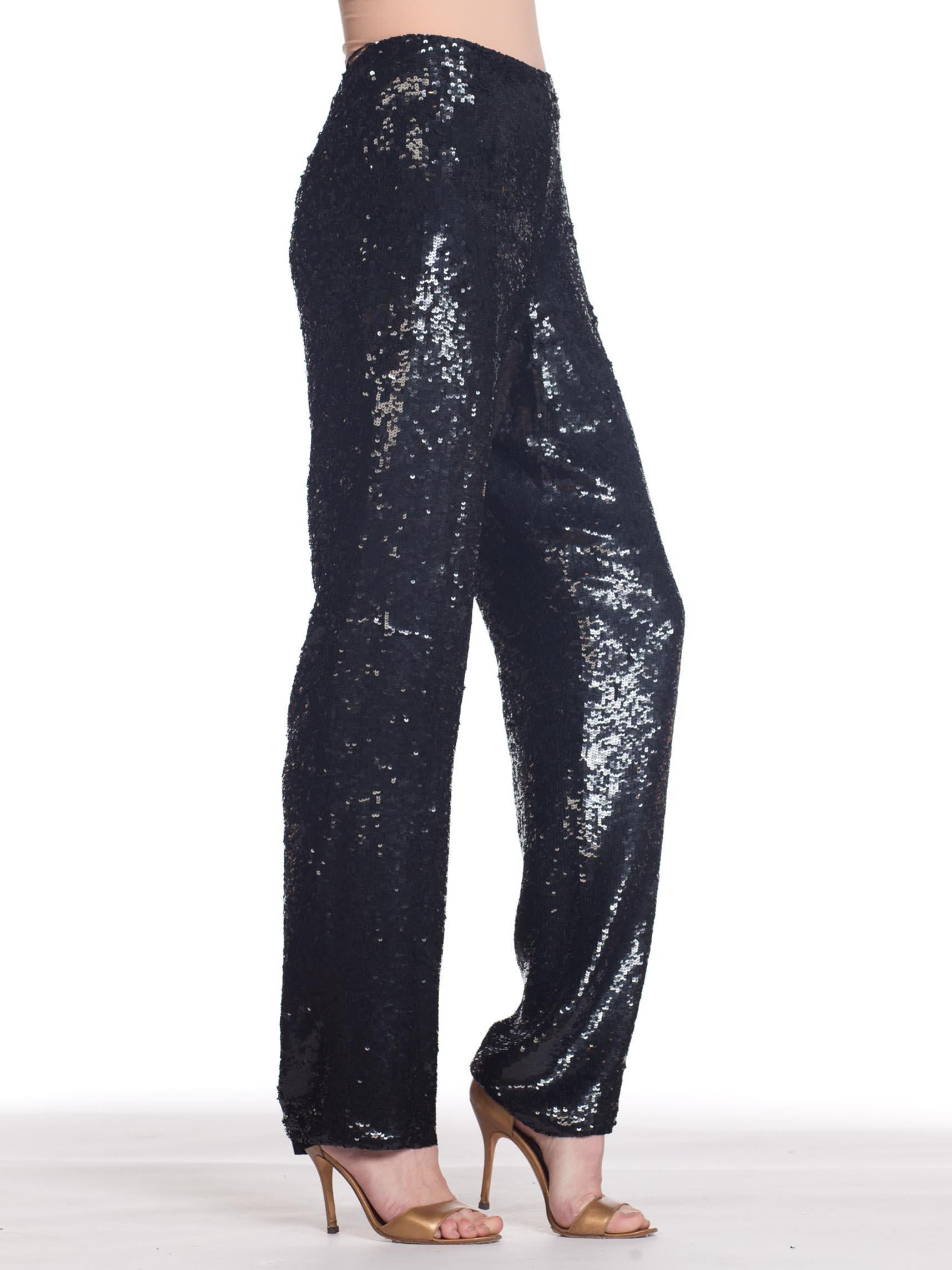 1990S Black Sequined Silk Chiffon Wide Leg Evening Pants 4