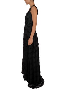 1990S Black Shredded Silk Chiffon Gown Lined In Hunter Green Satin