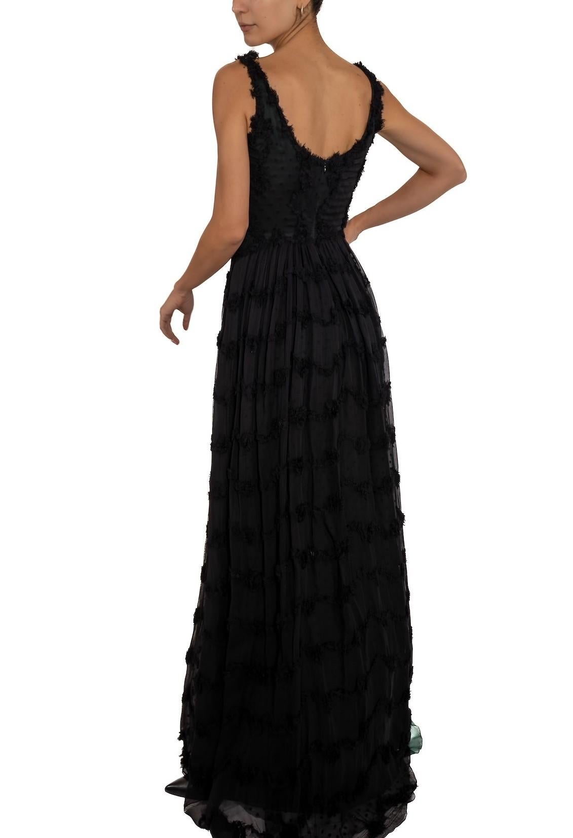 Women's 1990S Black Shredded Silk Chiffon Gown Lined In Hunter Green Satin For Sale