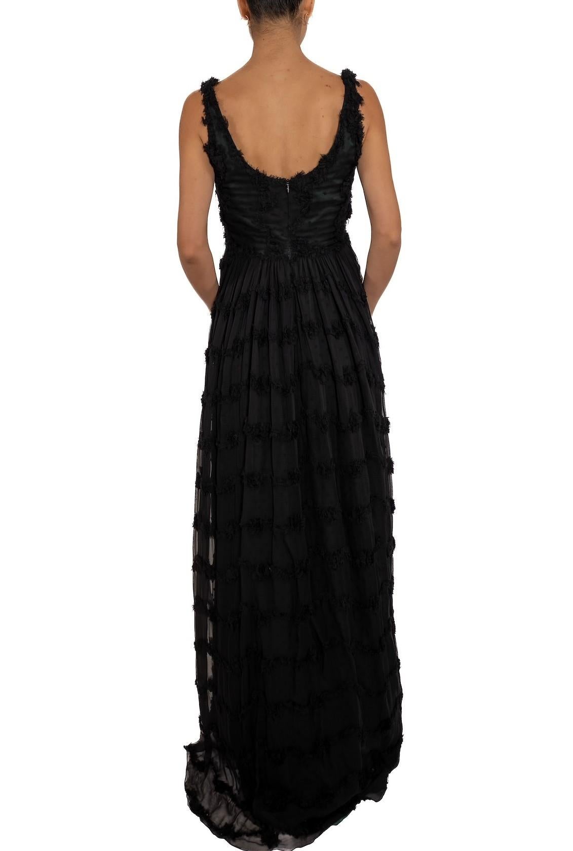 1990S Black Shredded Silk Chiffon Gown Lined In Hunter Green Satin For Sale 1