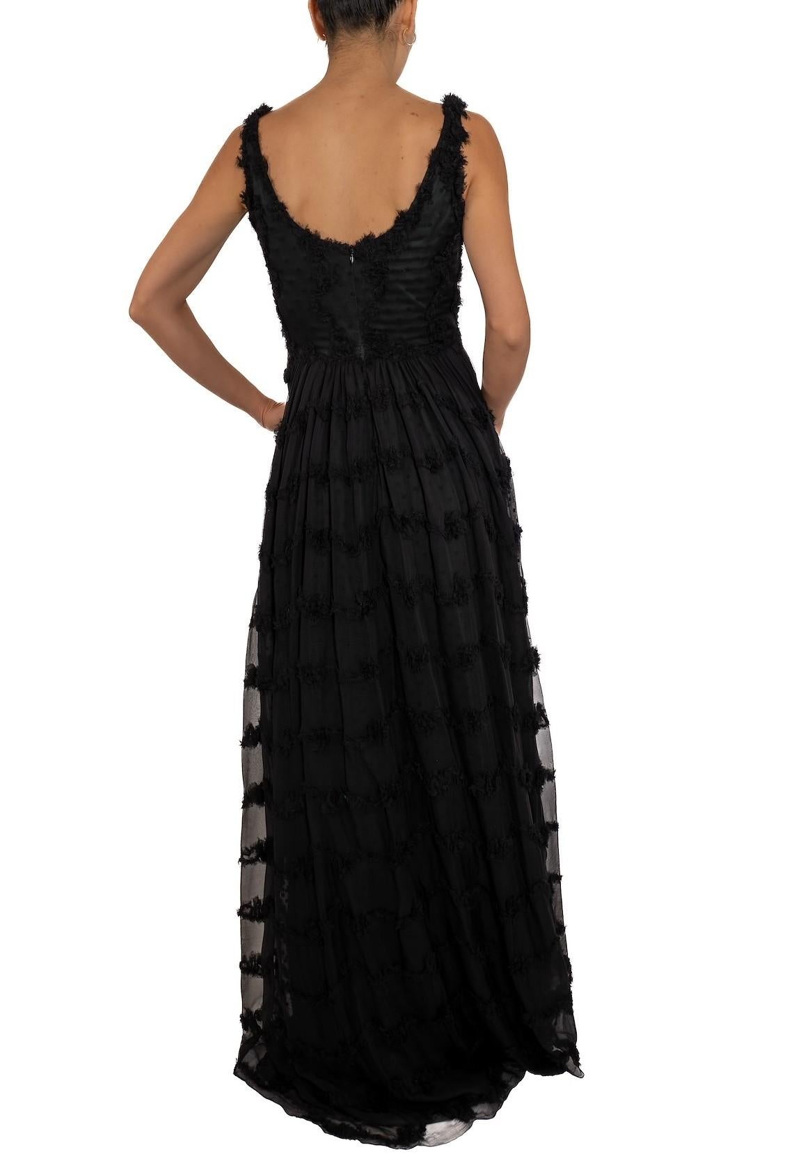 1990S Black Shredded Silk Chiffon Gown Lined In Hunter Green Satin For Sale 2