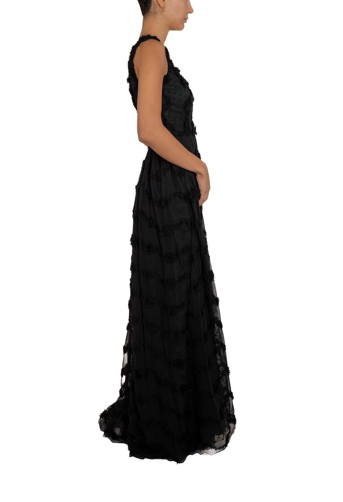 1990S Black Shredded Silk Chiffon Gown Lined In Hunter Green Satin For Sale 3