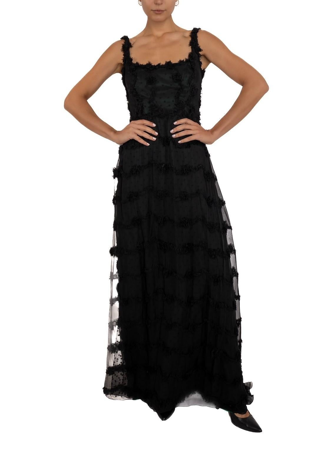 1990S Black Shredded Silk Chiffon Gown Lined In Hunter Green Satin For Sale 4